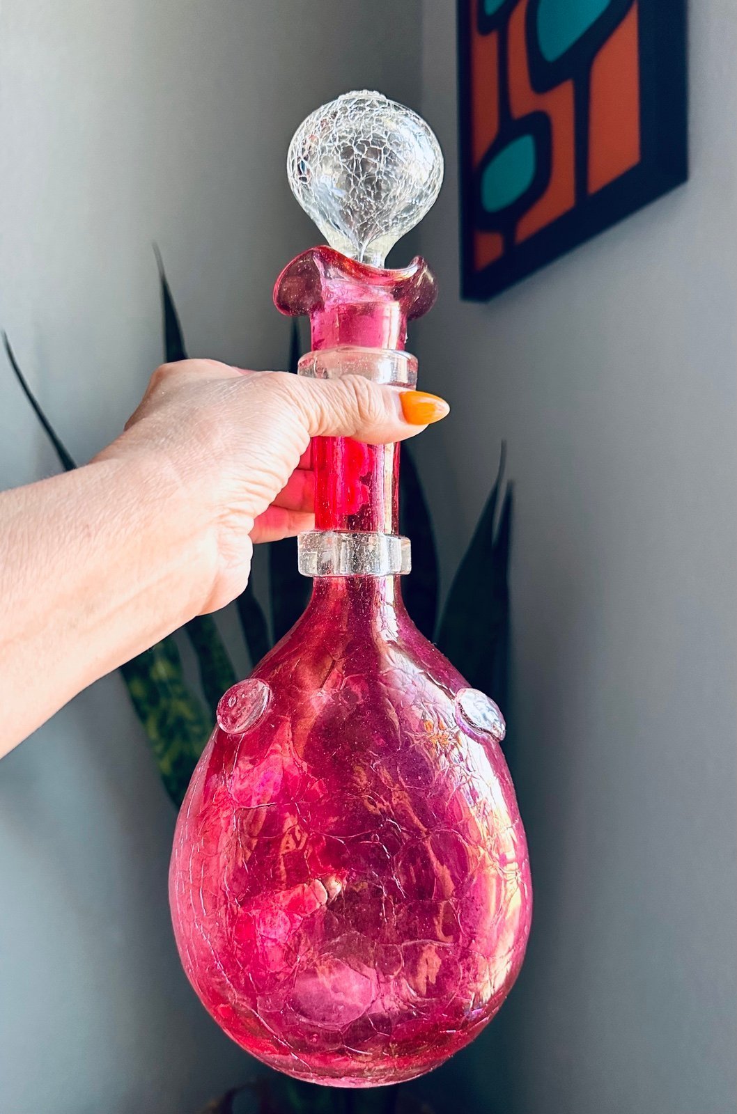 MCM Rainbow Glass Co. Handblown Crackle Glass Decanter With Stopper -Rare Find-