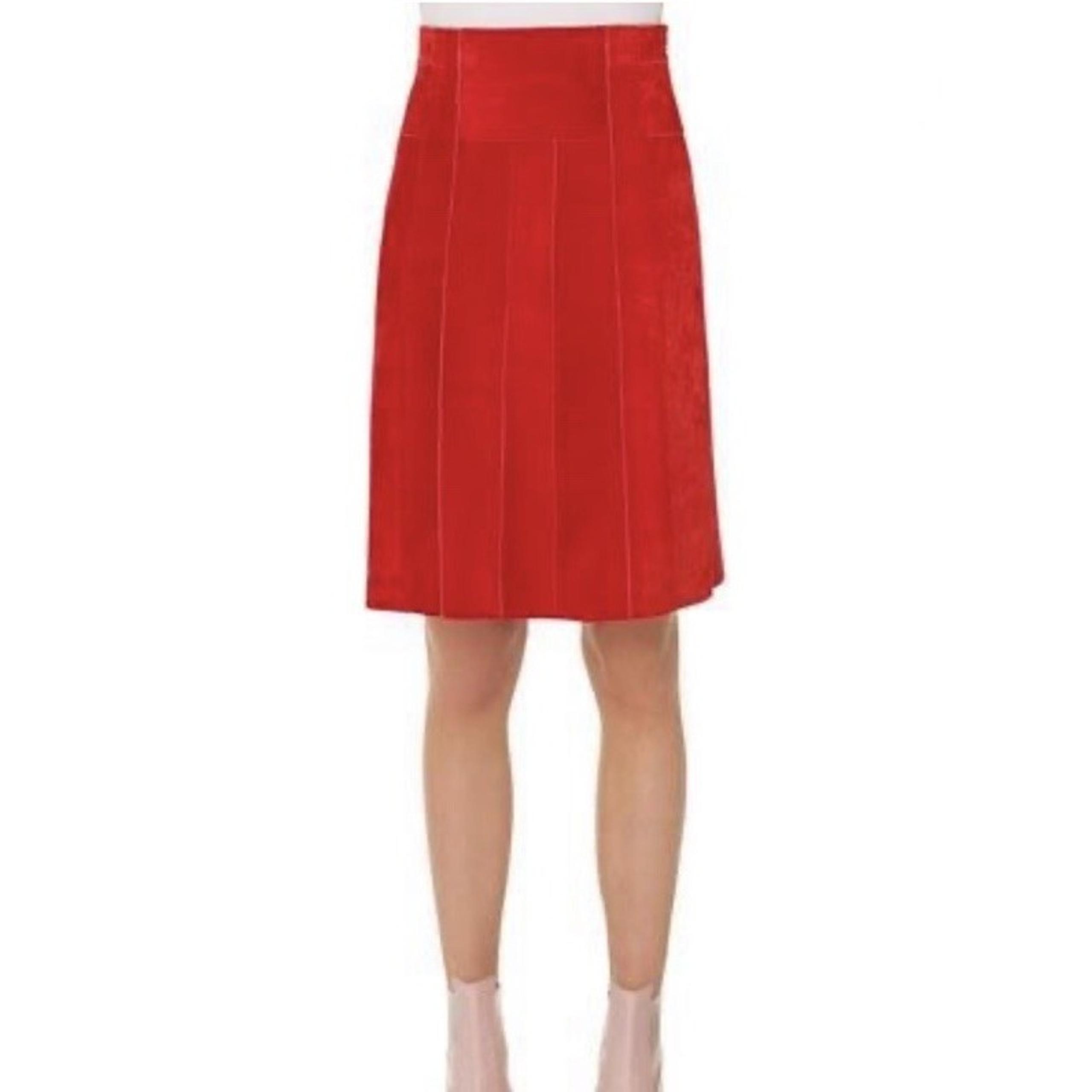 AKRIS Punto Red Lamb Suede Leather  A-Line Paneled Skirt Classic Designer Size 2