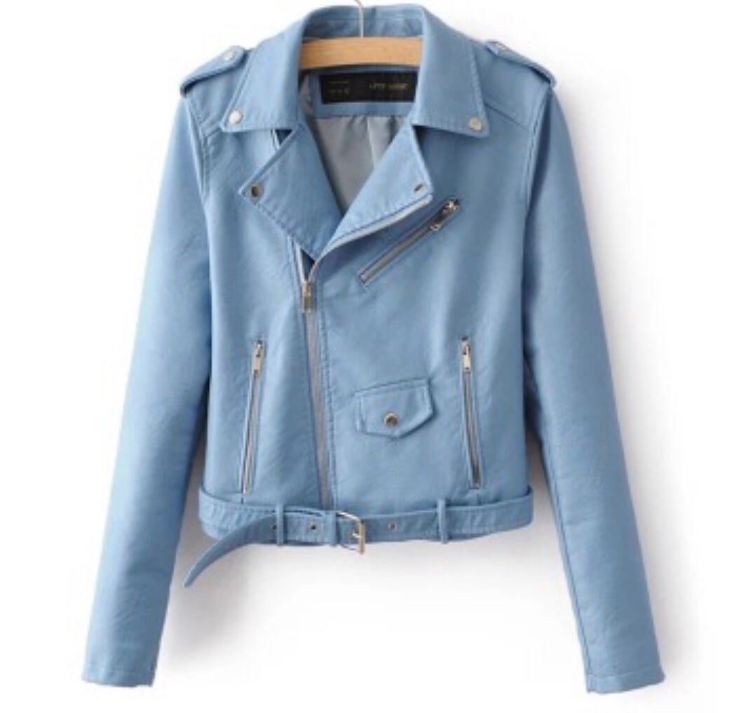 Light Blue Pu Leather Motorcycle Jacket