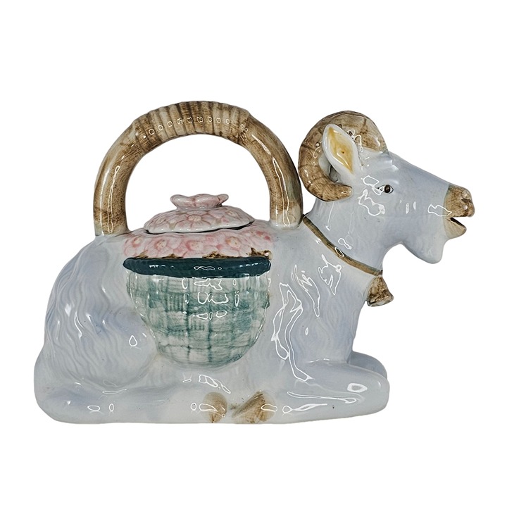 Vintage Napco Billy Goat Ram Teapot Porcelain Large Floral