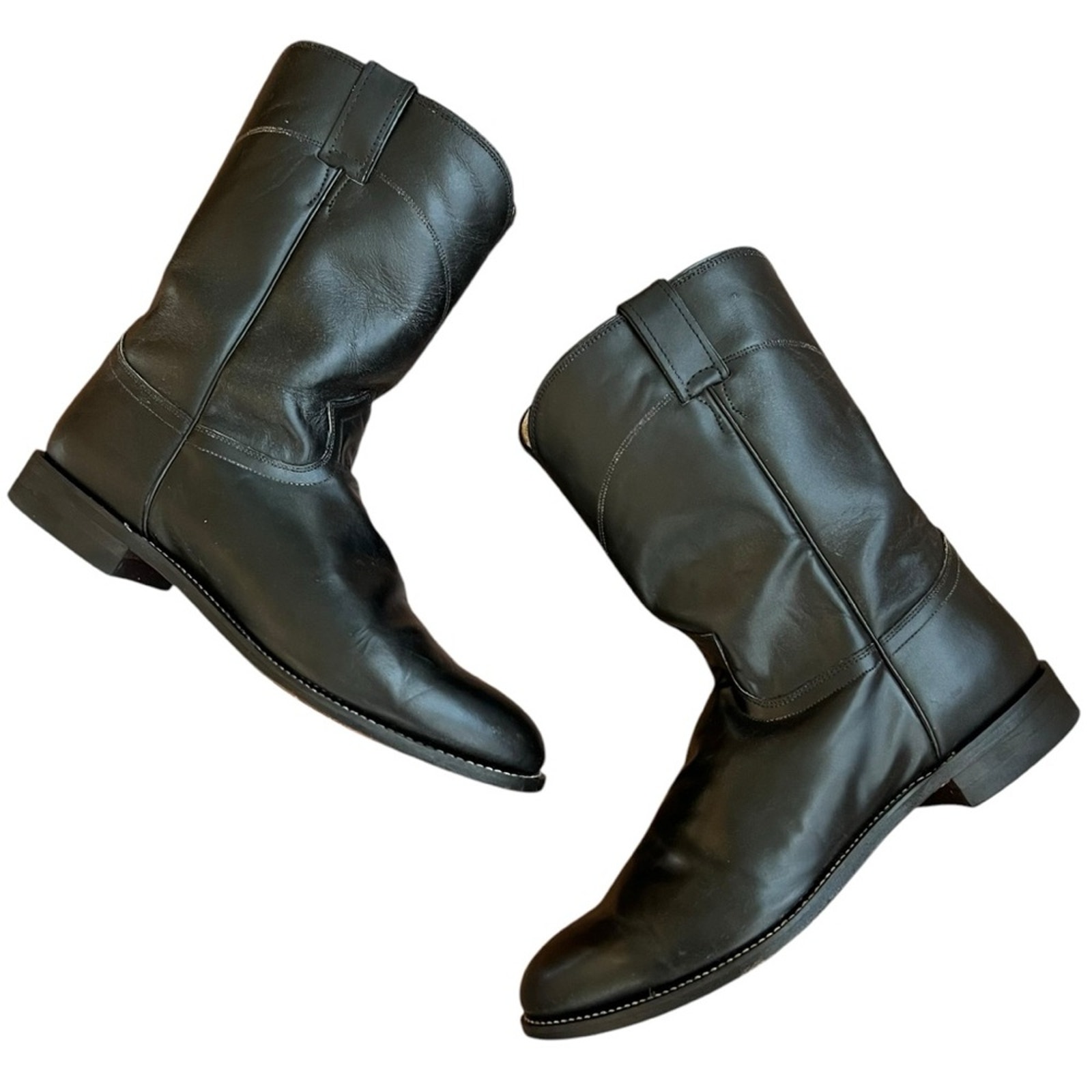 Justin Men’s Jackson Roper Round R Toe Black Leather Cowboy Western Boots Sz 12