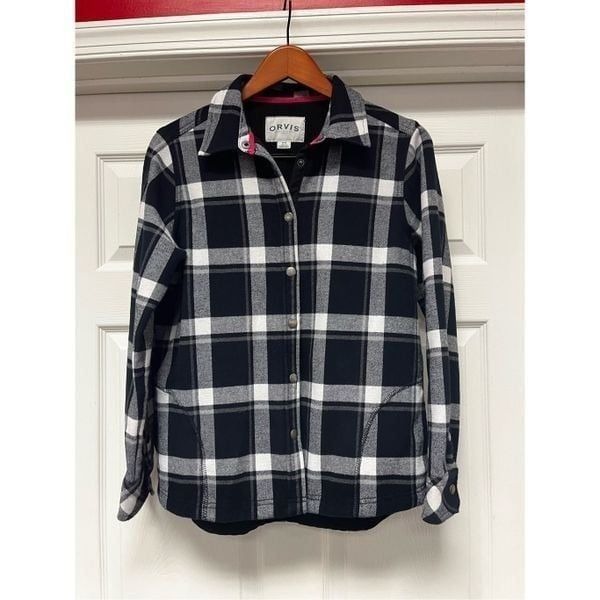 Orvis Black & White Buffalo Check Fleece Lined Snap Shacket Jacket Shirt sz M EU