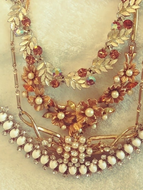 4 Vntage Chokers Lisner, Coro & 2 Unmarked-AB Crystals Milk Glass Pearl Goldtone