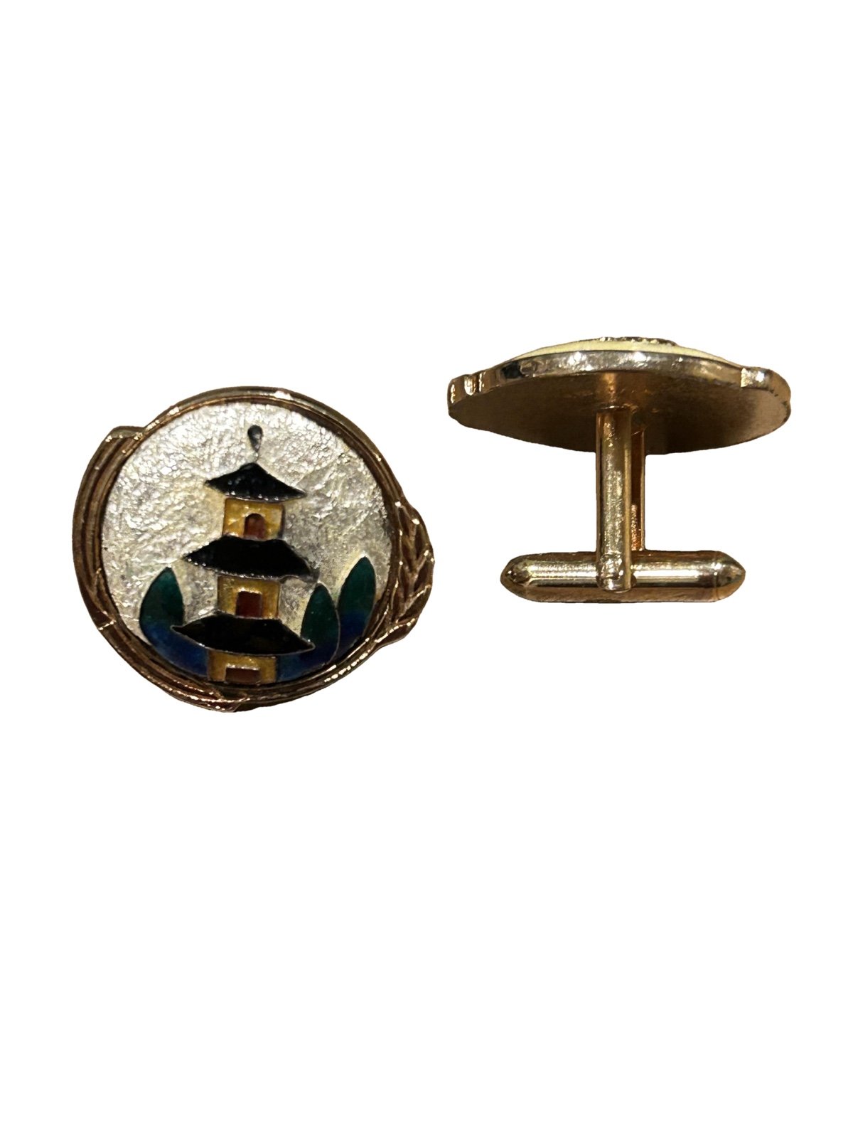 SWANK 1960s Cloisonné & Enamel Pagoda Cufflinks from Oriental Dynasty Collection
