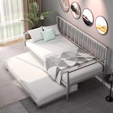 Twin Metal Daybed with Roll Out Trundle Heavy Duty Frame Sofa Bed Set Silver