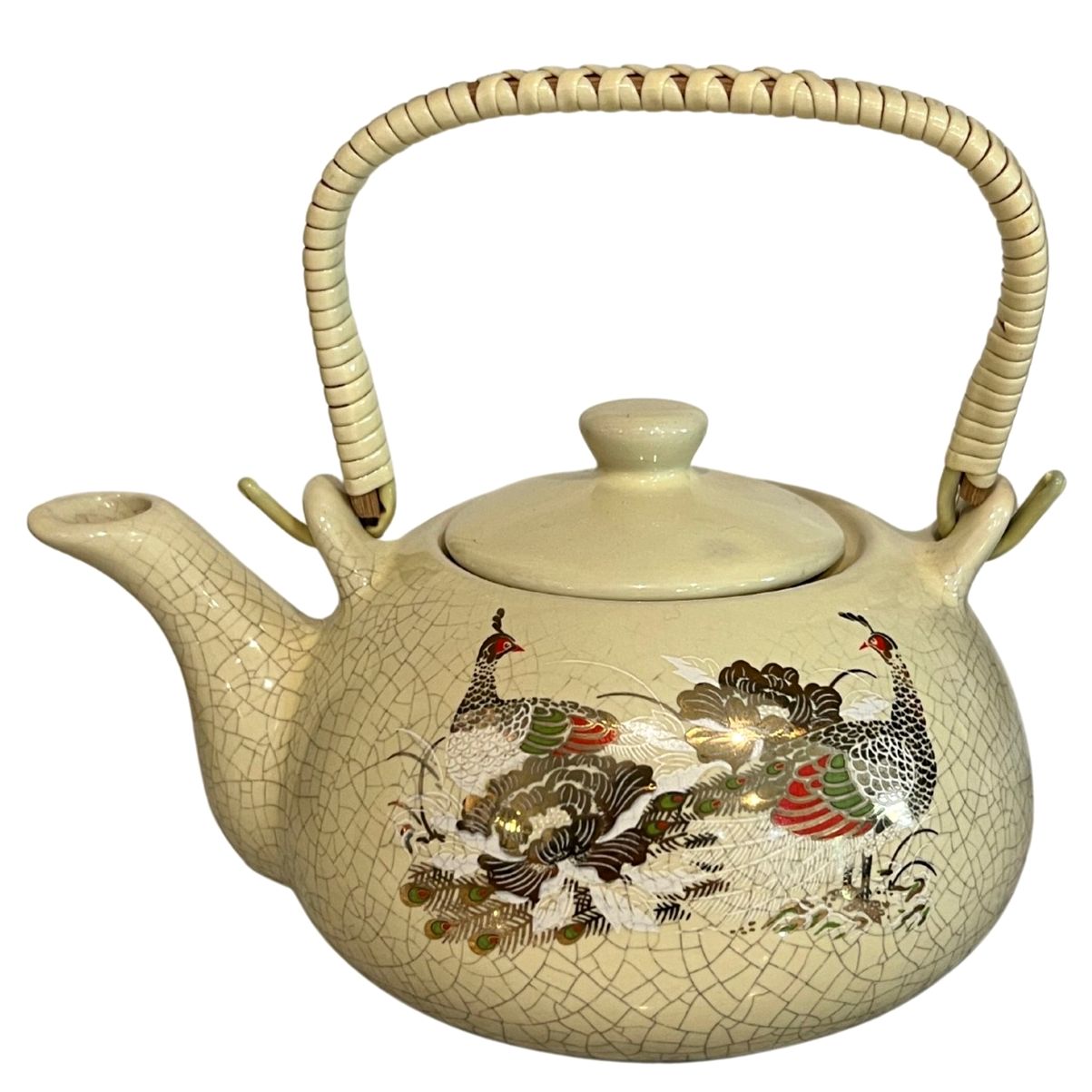 Japanese Teapot China Peacock Bird Woven Handle Vintage Crazing Transferware
