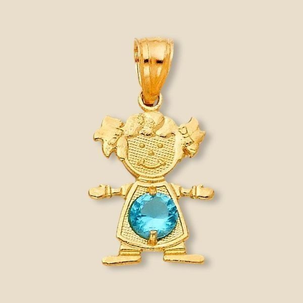 14K Solid Gold December Birthstone Girl Charm Pendant Blue CZ 0.8g