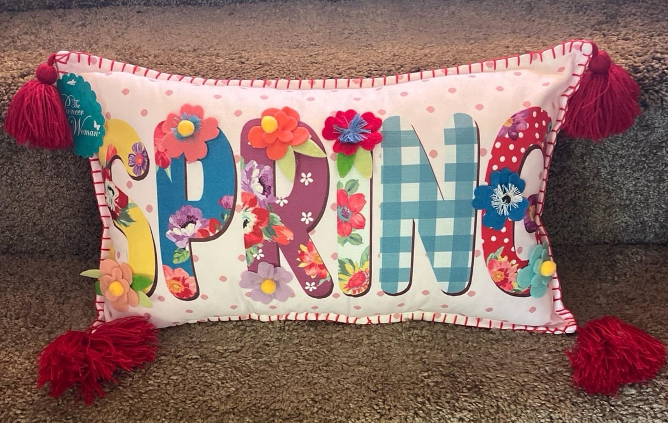 Pioneer Woman Spring Pillow & Welcome Spring Embroidery Hoop decor