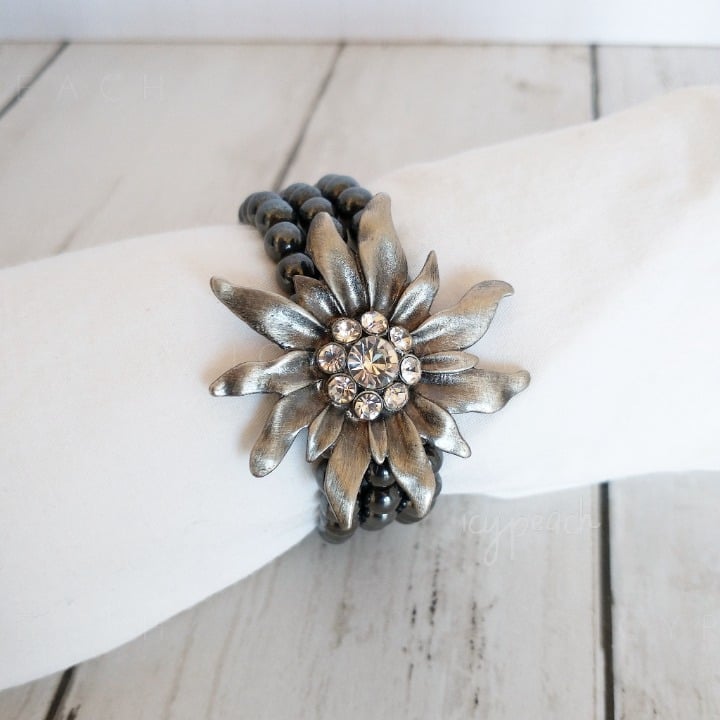 Handmade Floral Beaded Bracelet Hematite Triple Layer Stretch Corsage Jewelry