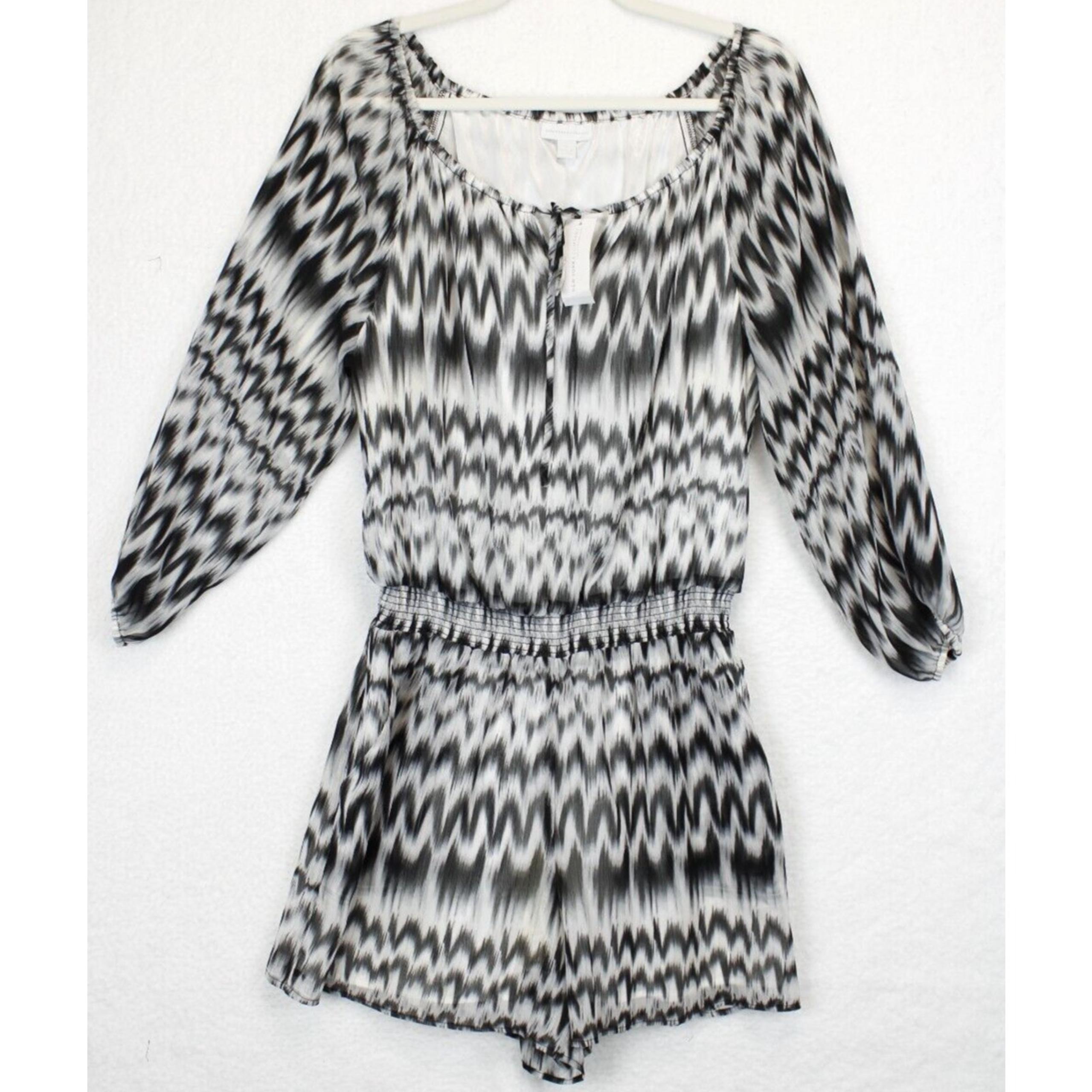New York & Company Jumpsuit Shorts Women M Black White Boho Peasant Sleeves