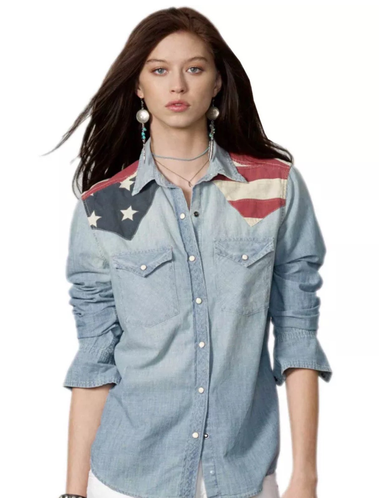 Denim & Supply Ralph Lauren American Flag Yoke Chambray Snap Front Shirt M