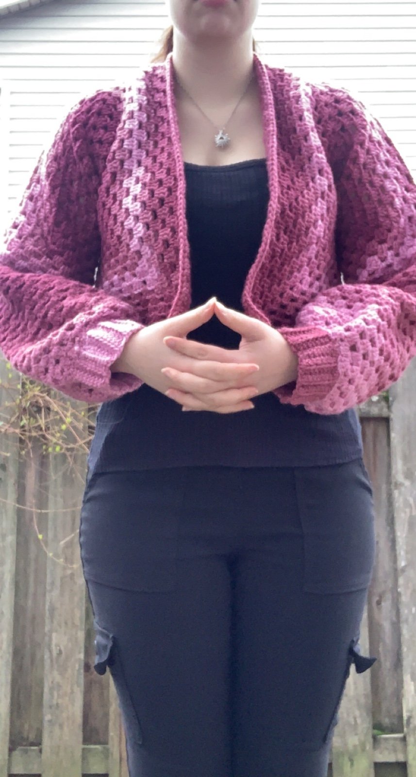 Pink Ombré Cardigan Sweater, Pink Cozy Cropped, Deep Pink/Dark Magenta Ombré, Fi