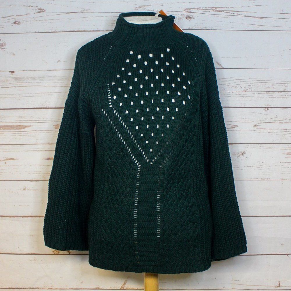 New W/ Tags One A Forest Green Mock Turtle Neck Sweater Knit Wide Sleeves Large