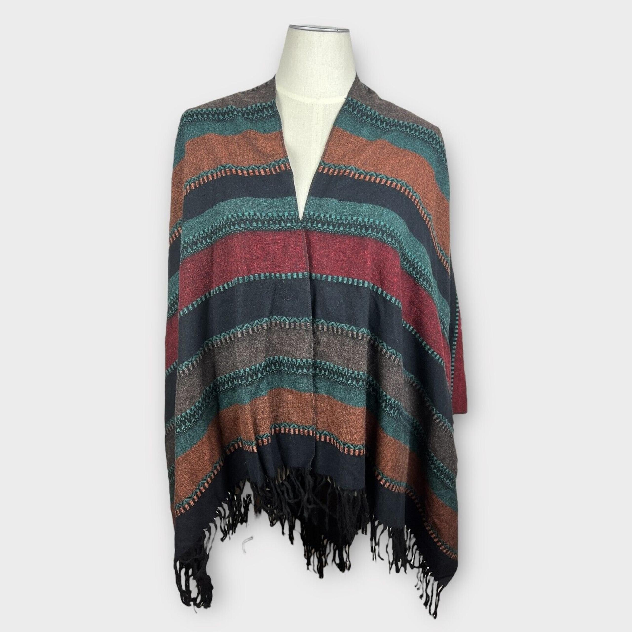 ASOS Womens One Size Red Black Boho Southwestern Poncho Sweater Wool Blend