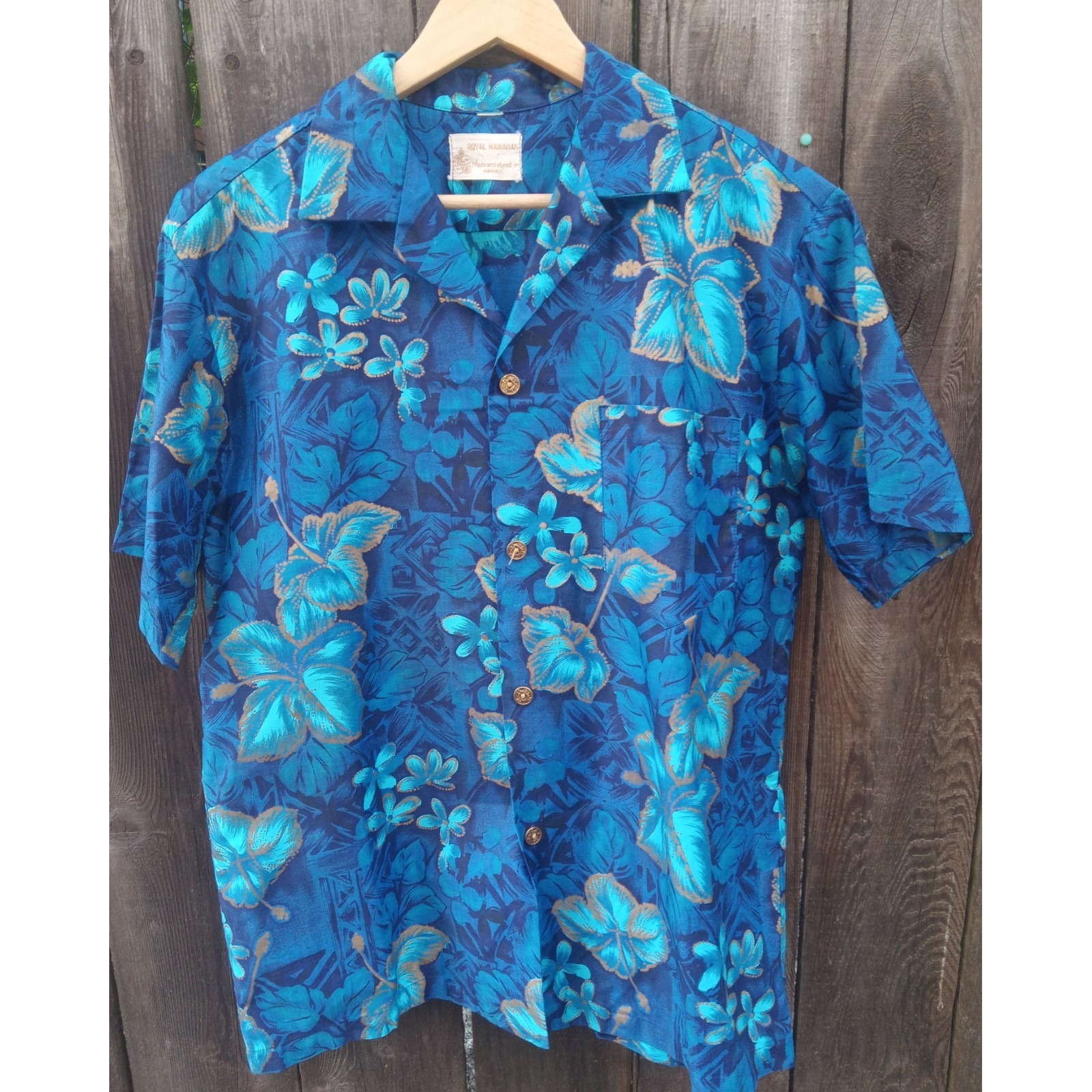 Vintage Royal Hawaiian Shirt Cotton Gold Blue Hibiscus Tiki Beach Wedding Luau