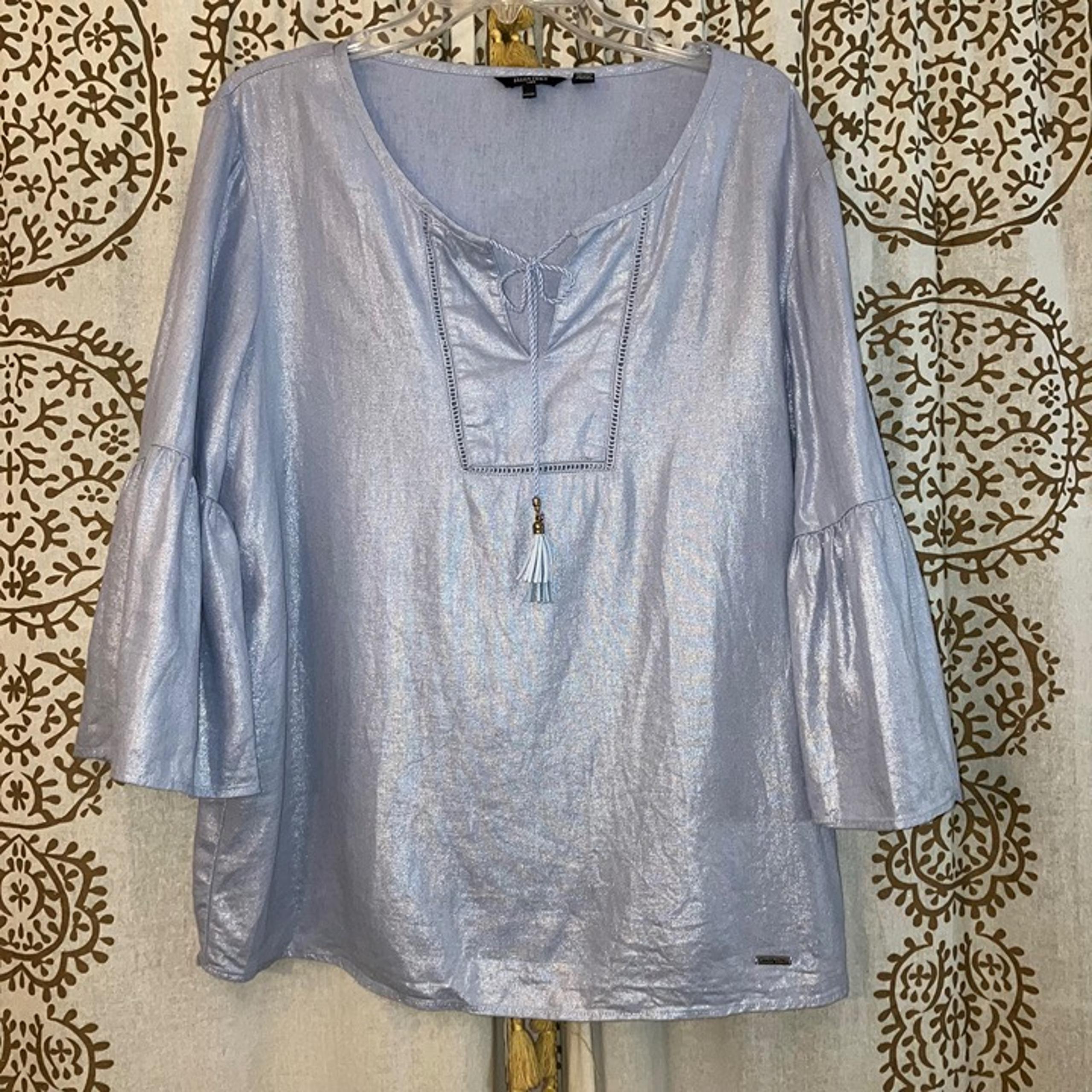 Ellen Tracy Women's Large L Blue Metallic Shimmer Linen Blouse Shirt Top Classy
