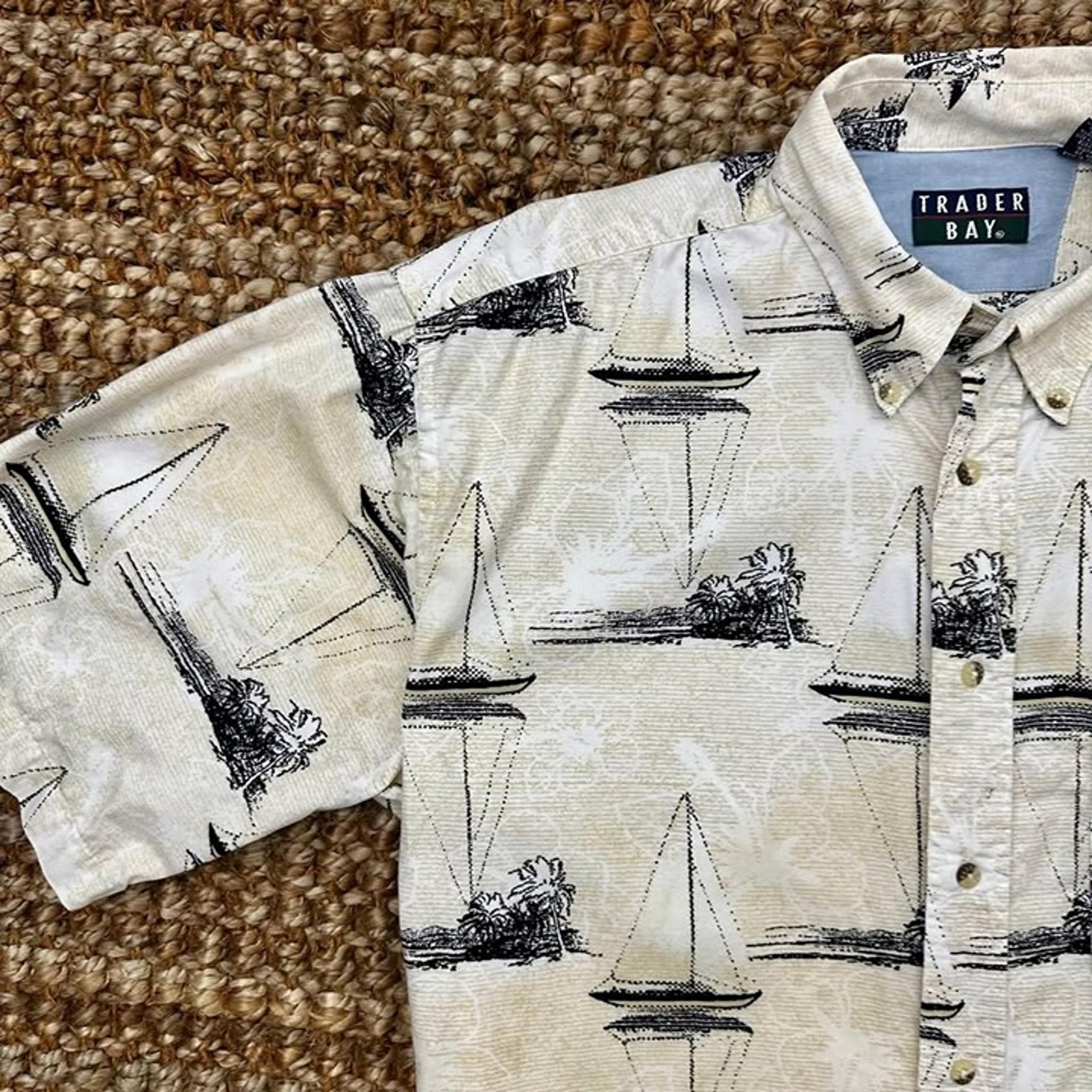 Trader Bay Sailboat Luau Hawaiian Shirt Men's Large Tall (LT) Vintage Beige 100%
