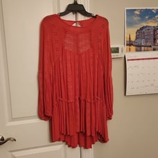 Free People Coral Pink Mini Boho Lacy Tunic Short Dress Flowy Sleeves Size S