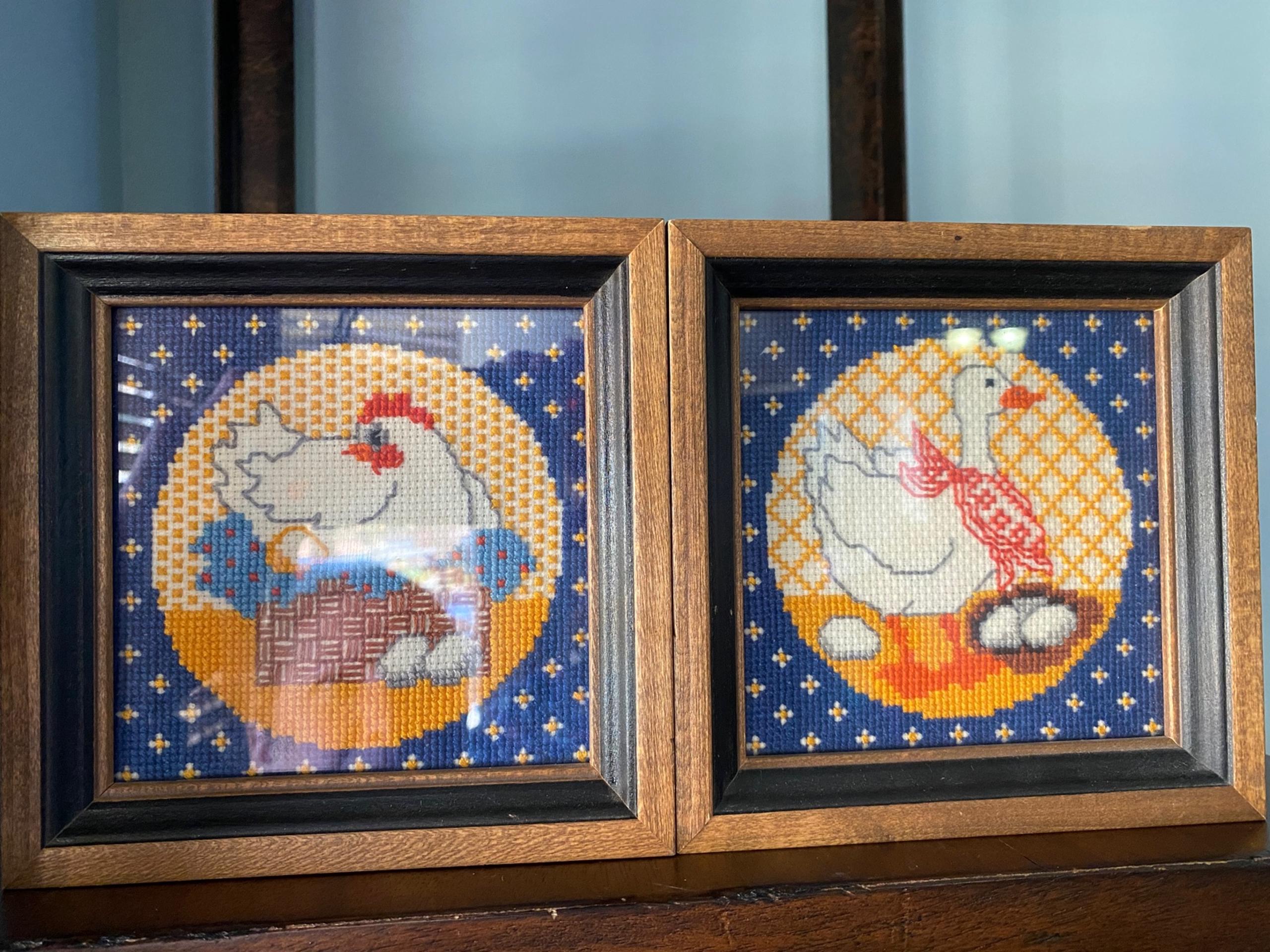 Country Chicken and Country Goose Farmhouse Cross Stitch Framed Art.