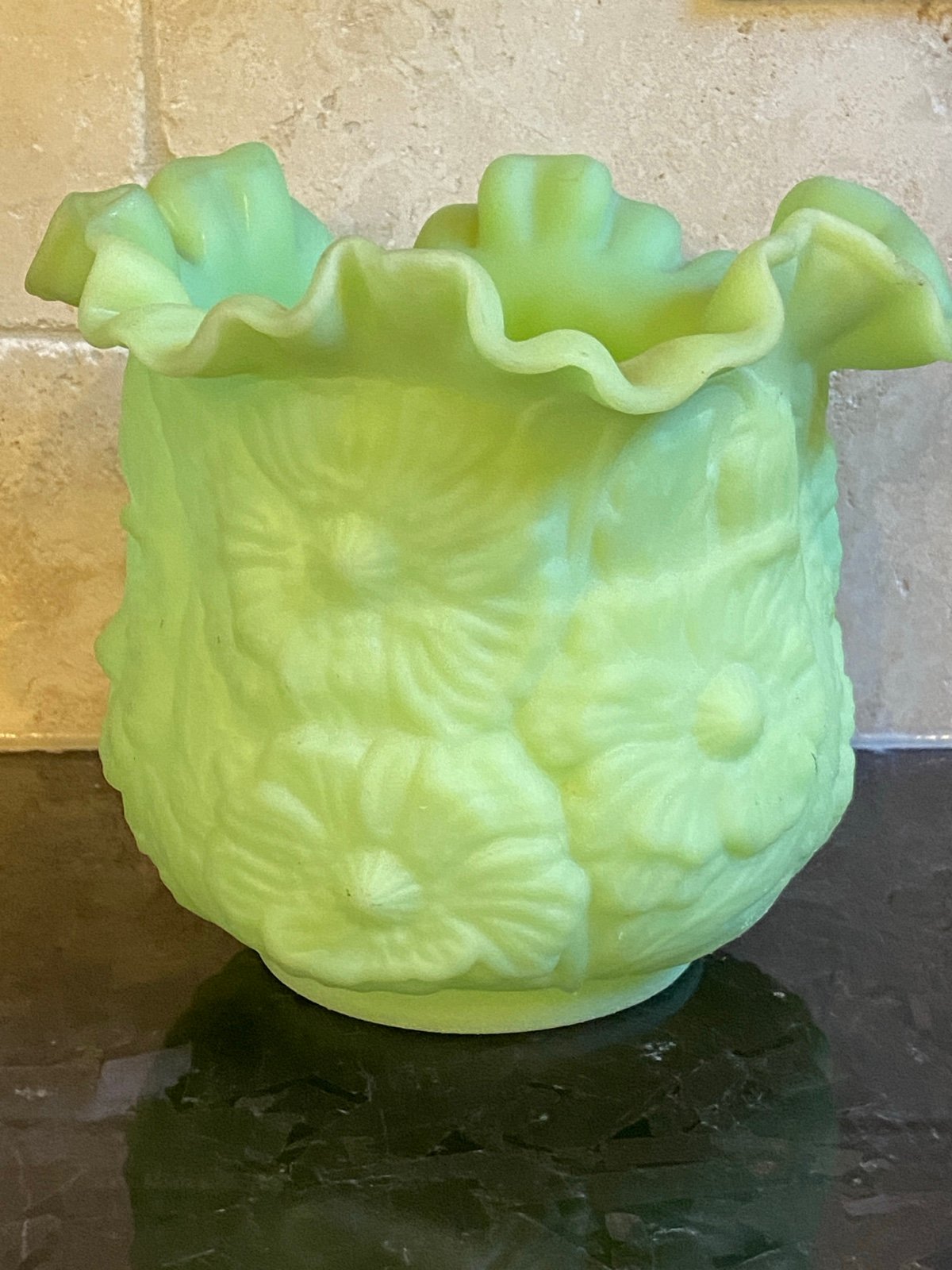 Fenton Key Lime Ruffle Poppy Flower Satin Frosted Uranium Glass Vase /Planter