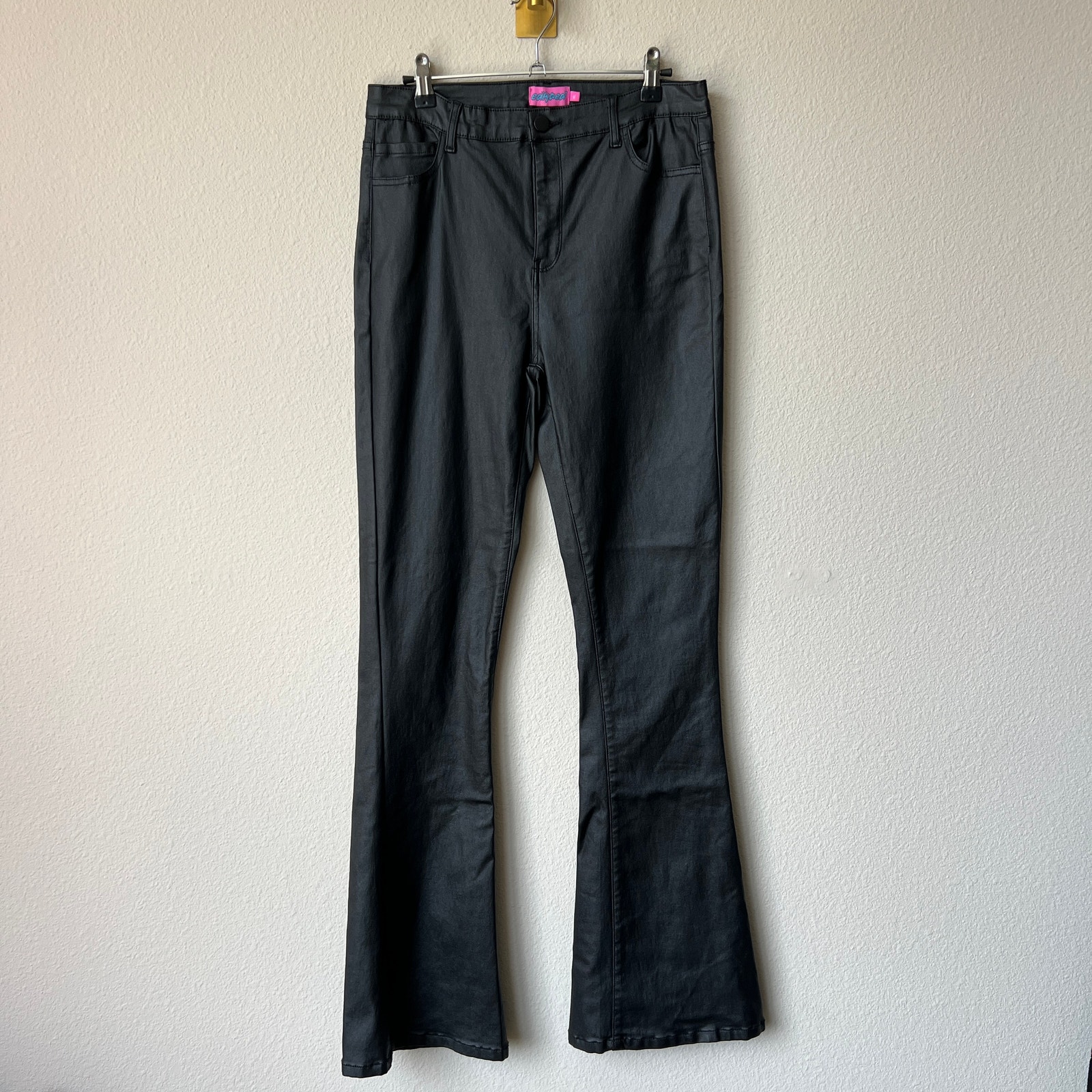 Edikted Luna Black Faux Leather Flare Jeans Size XL