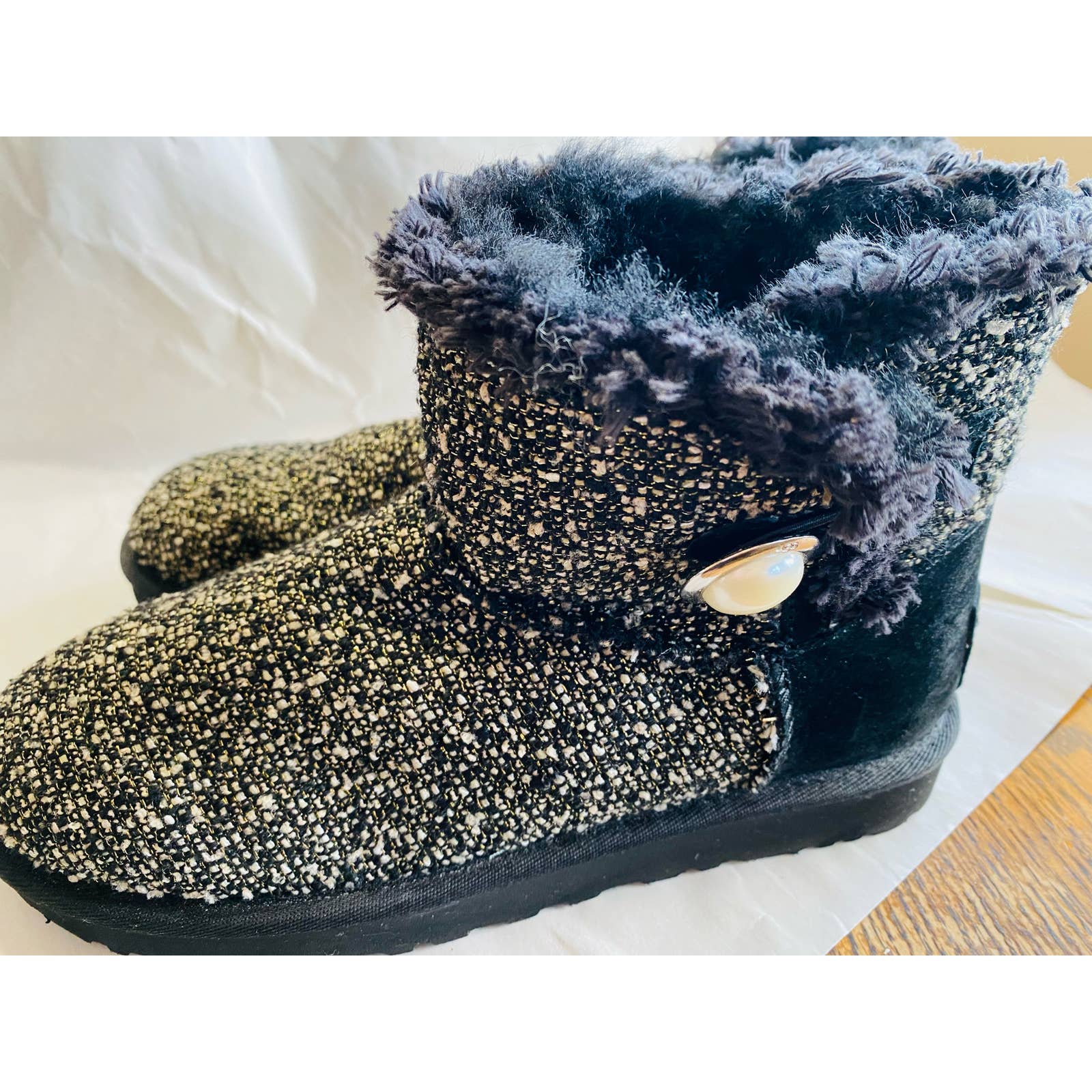 Auth UGG Mini Baylee Button Fancy 1009293 Black Gray Tweeds Womens Boots #US 8