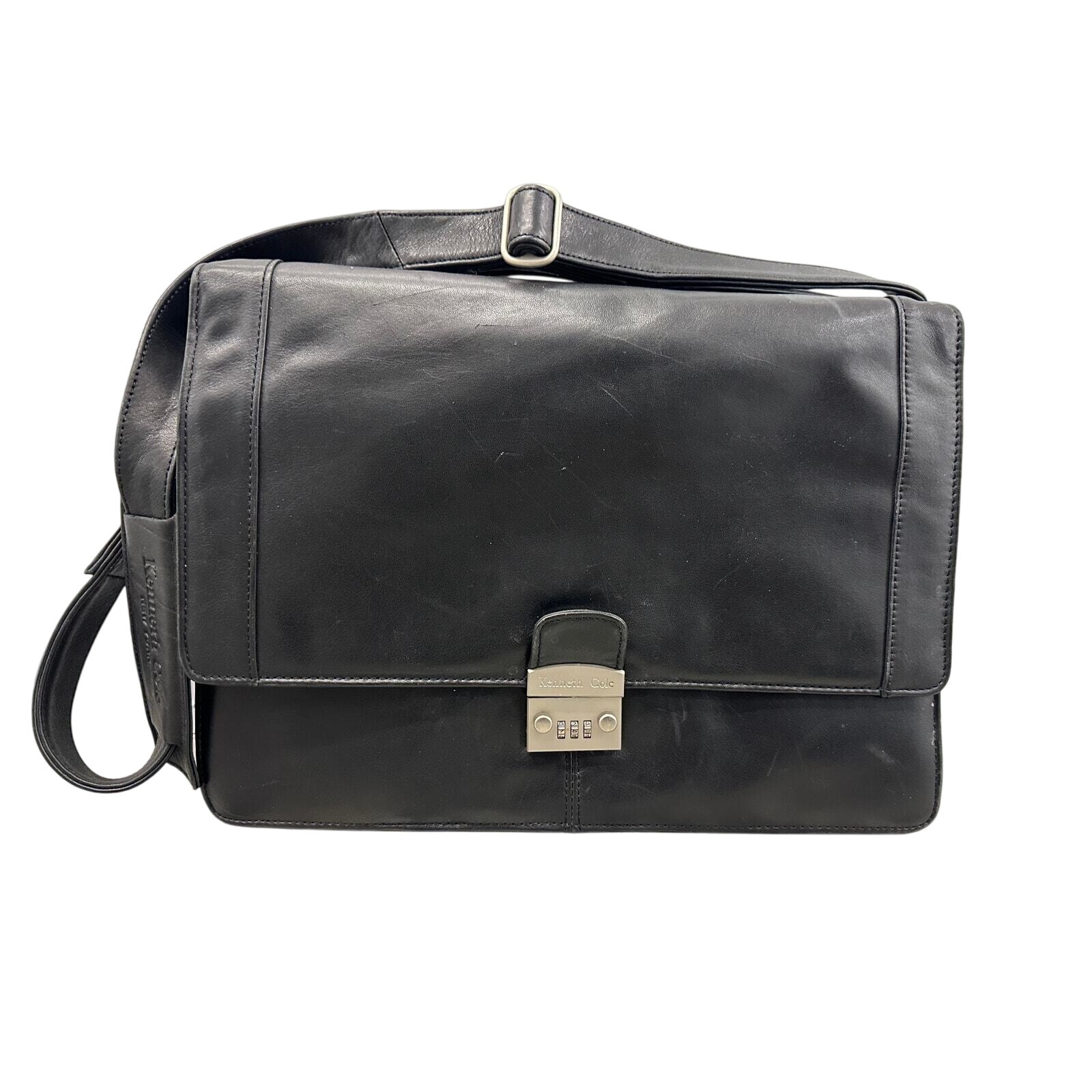 Kenneth Cole Black Leather Messenger Bag Laptop Briefcase Combination Lock