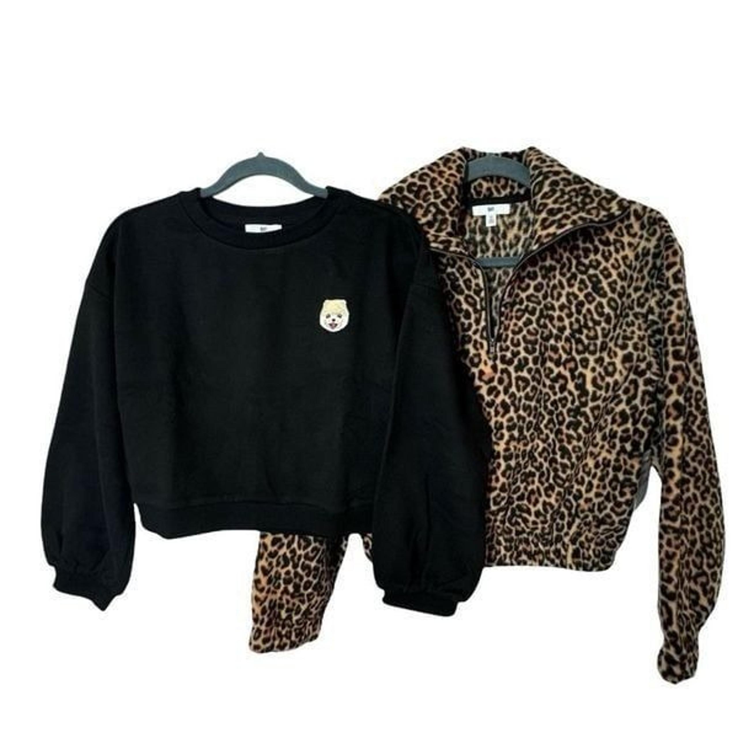 New Nordstrom Bundle Leopard Fleece& Doggy Crop Sweatshirt XS Black Tan