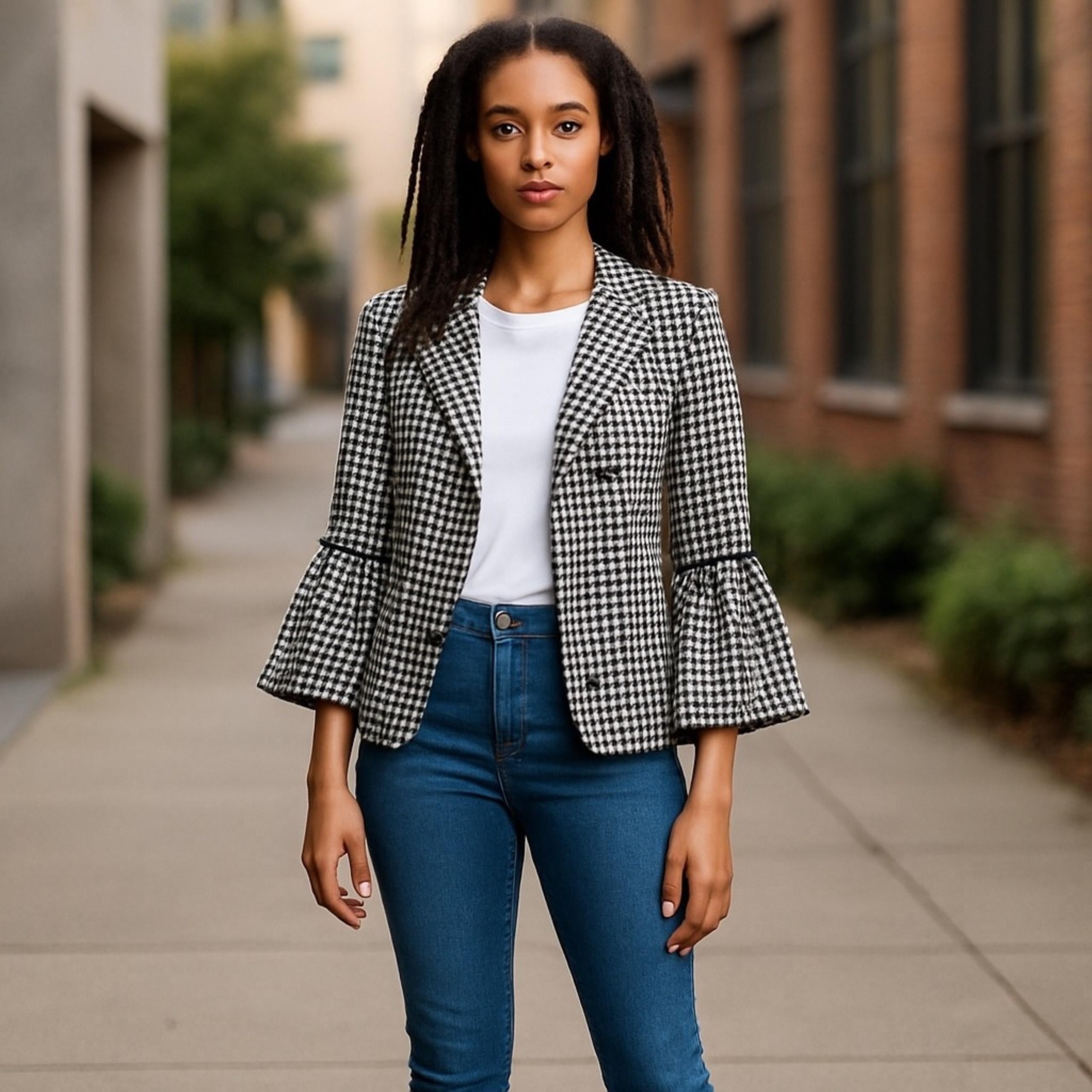 Soho Apparel Gingham Blazer Ruffle Bell Sleeve Career Jacket Black White L