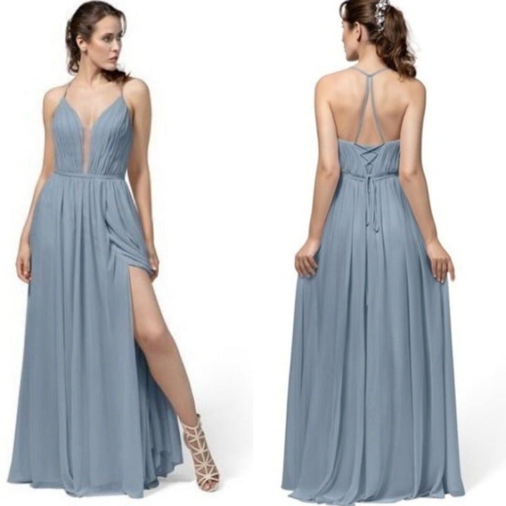 Azazie Sz A6 Dusty Blue Long Formal Dress Deep V Front Slit Chiffon Laceup Back