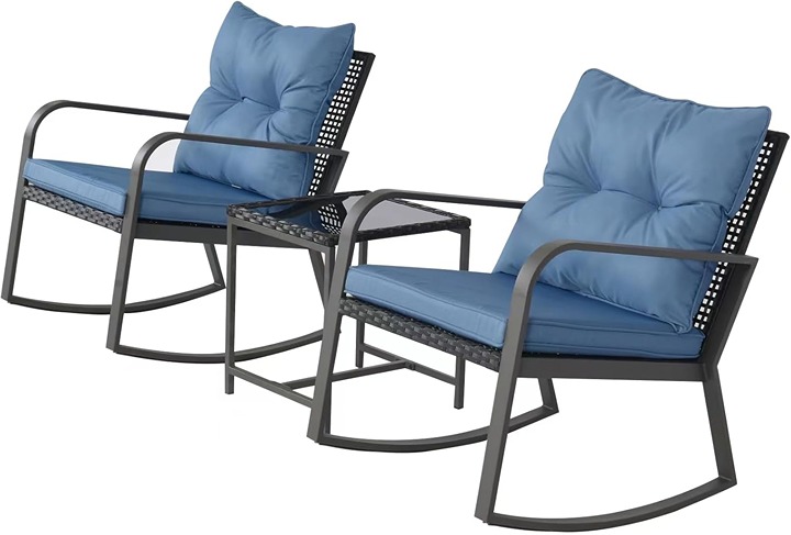 Patio Rocking Chair Outdoor Bistro Set (Dark Blue, 3 PIECES)