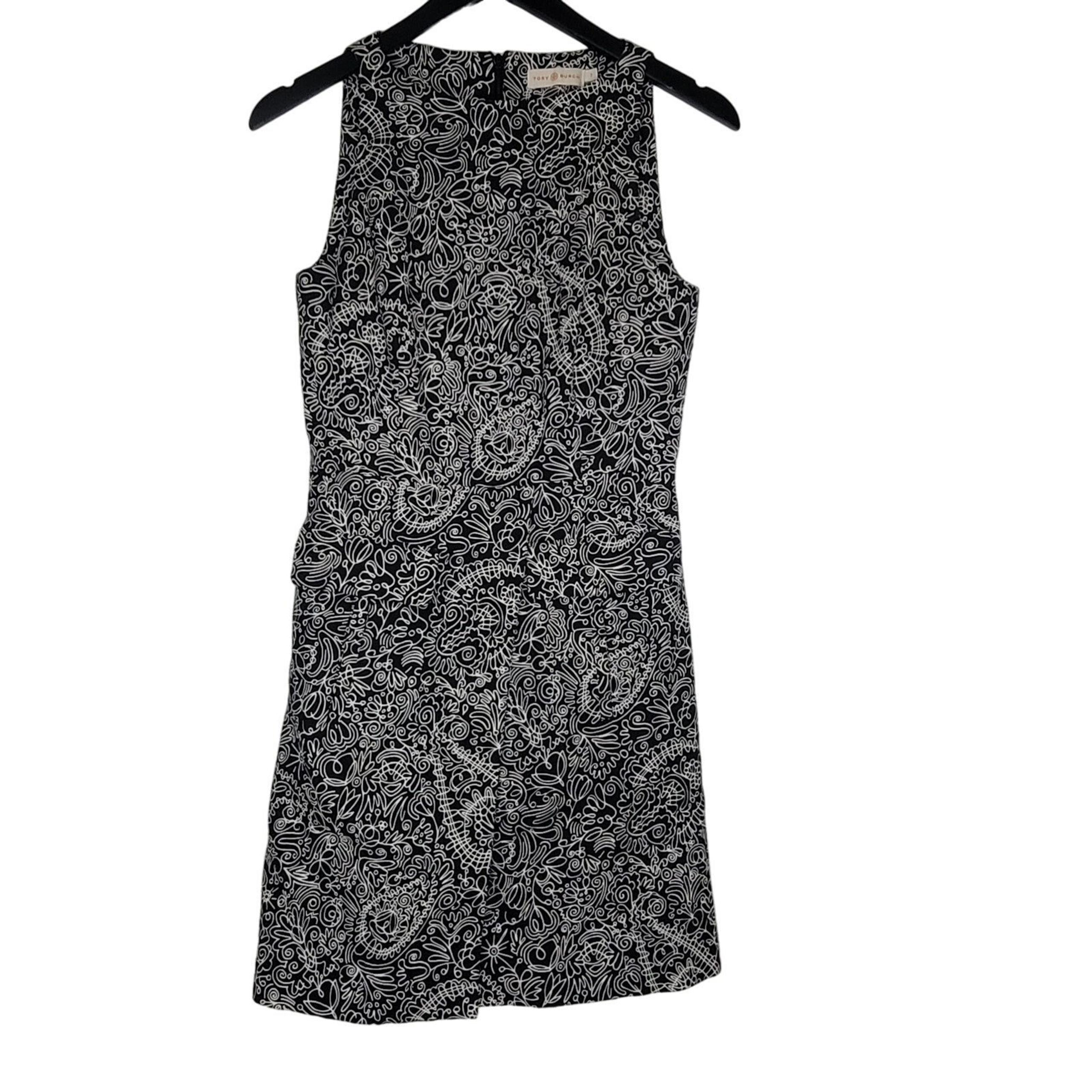 Tory Burch Paisley Doodle Mini Sheath Dress Women 2 Black White Bohemian Hippie