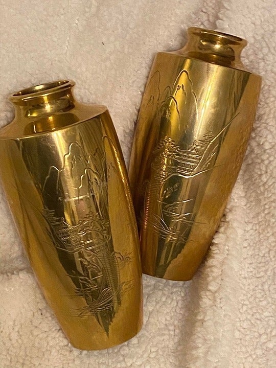 Vintage Set of Japanese Hand Etched Asian Brass Vases