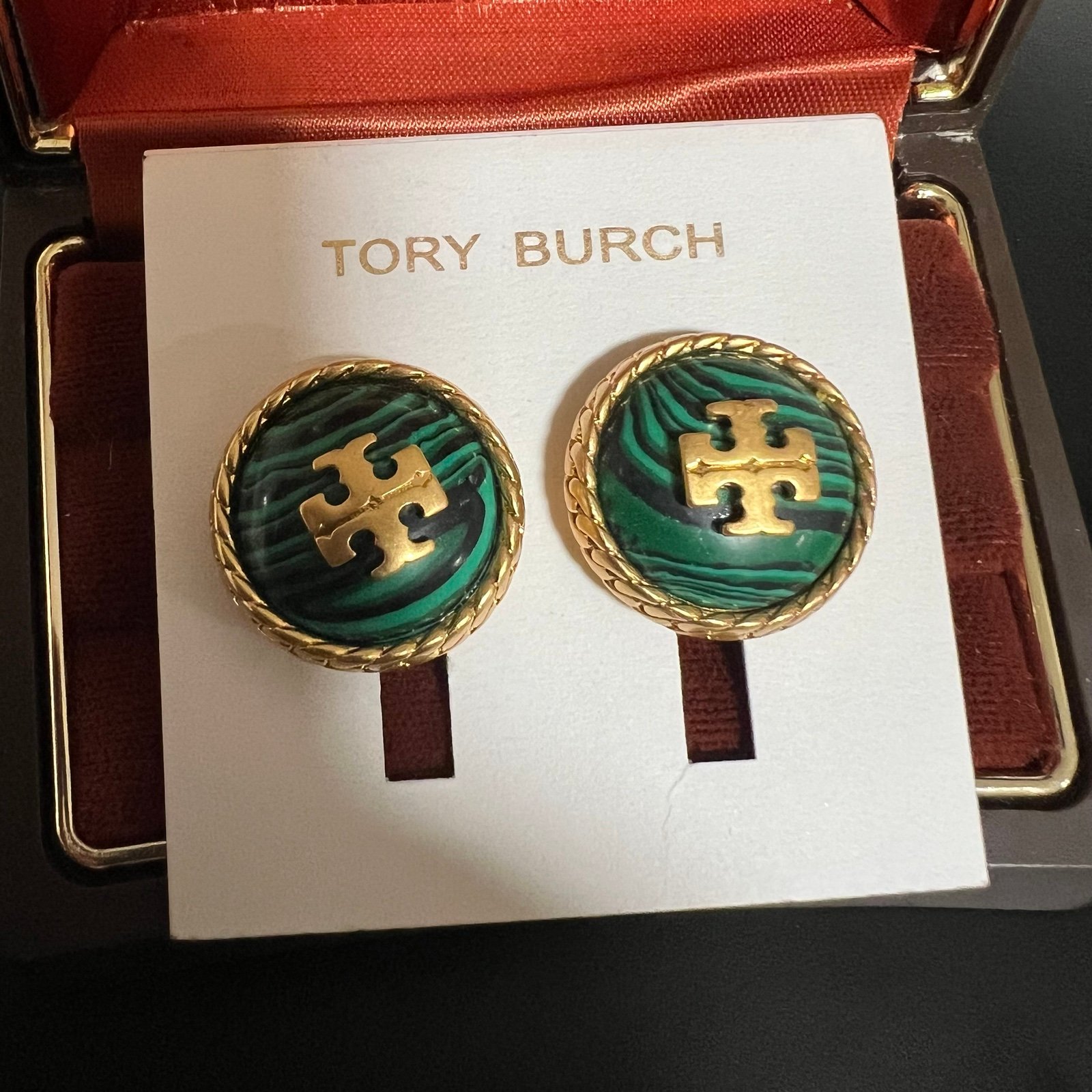 NWT Tory Burch Semi Precious round green goldtone clip on Earrings msrp 158