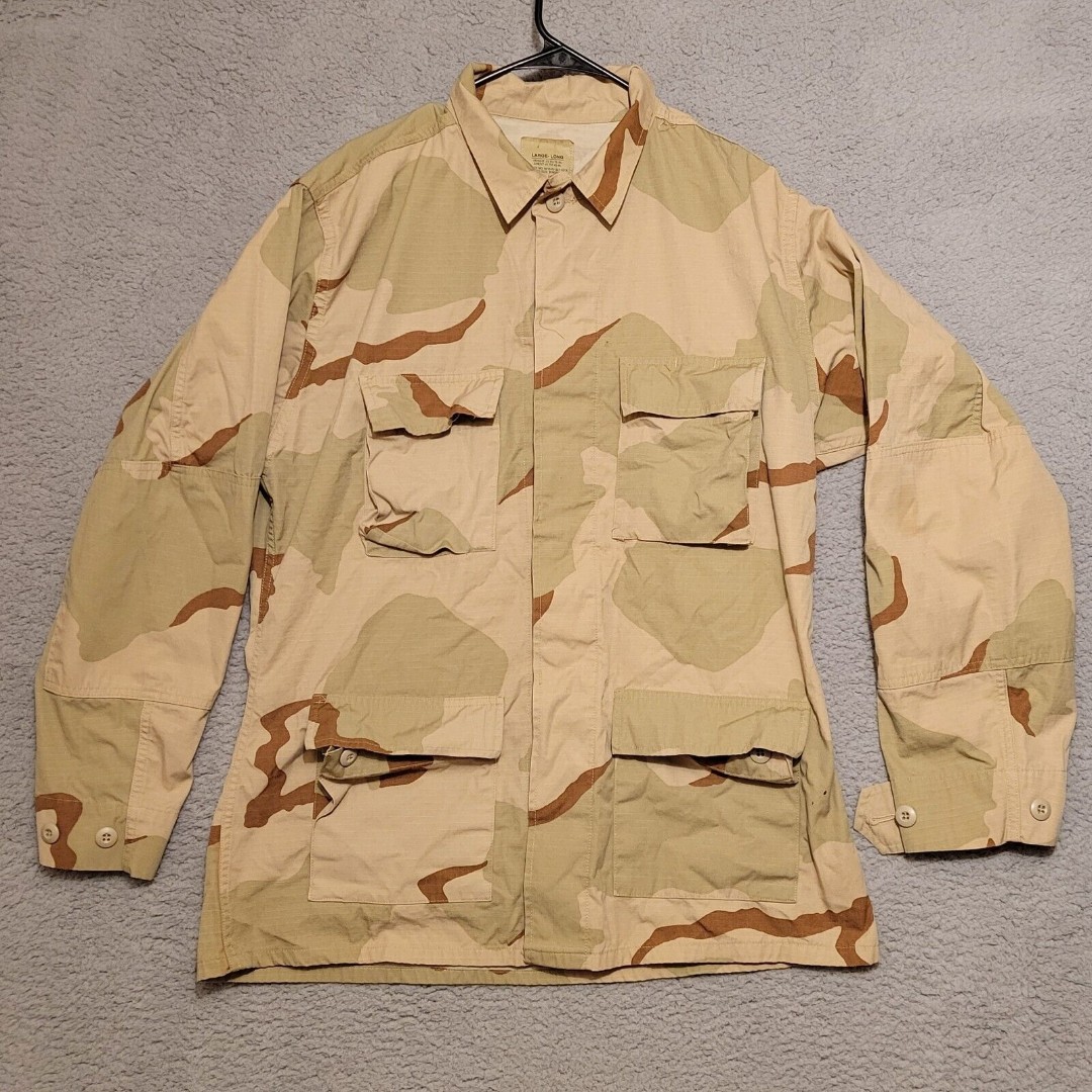 Vintage 1999 Desert Camo Button Up Military Coat Size Large - Long Distressed