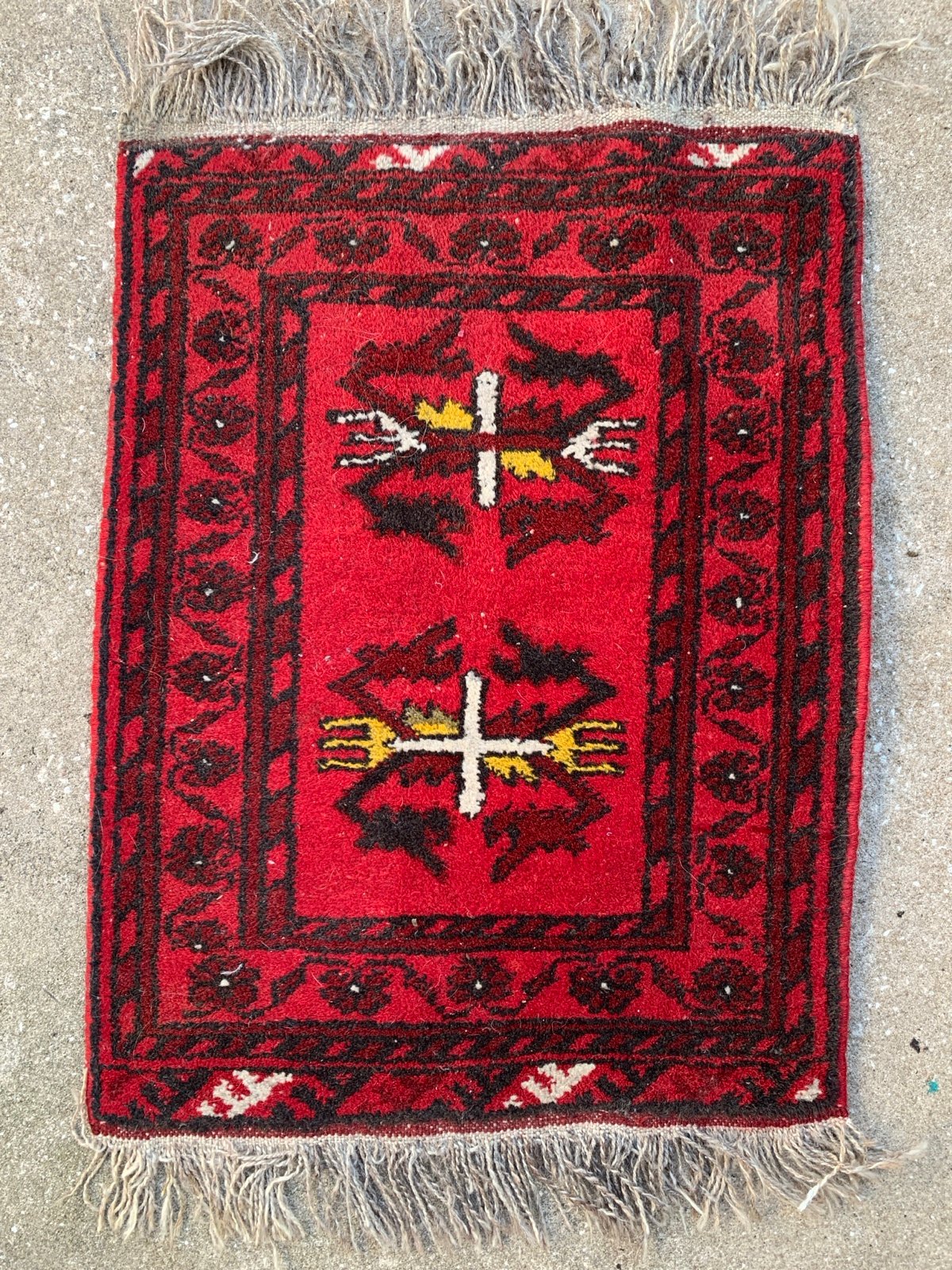 Antique Handknotted Oriental Wool Prayer Rug Hand Made Reds Black White Yellow