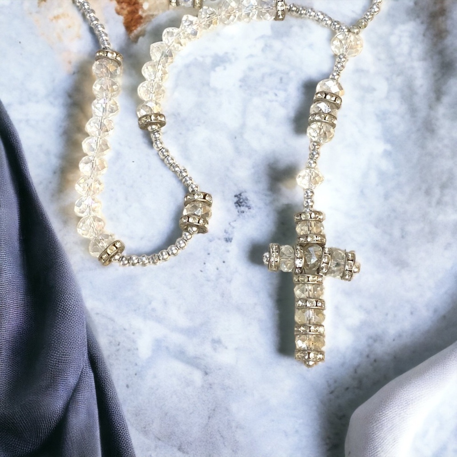 Long Clear Crystal beaded Rosary with Cross glass beads nice Quality