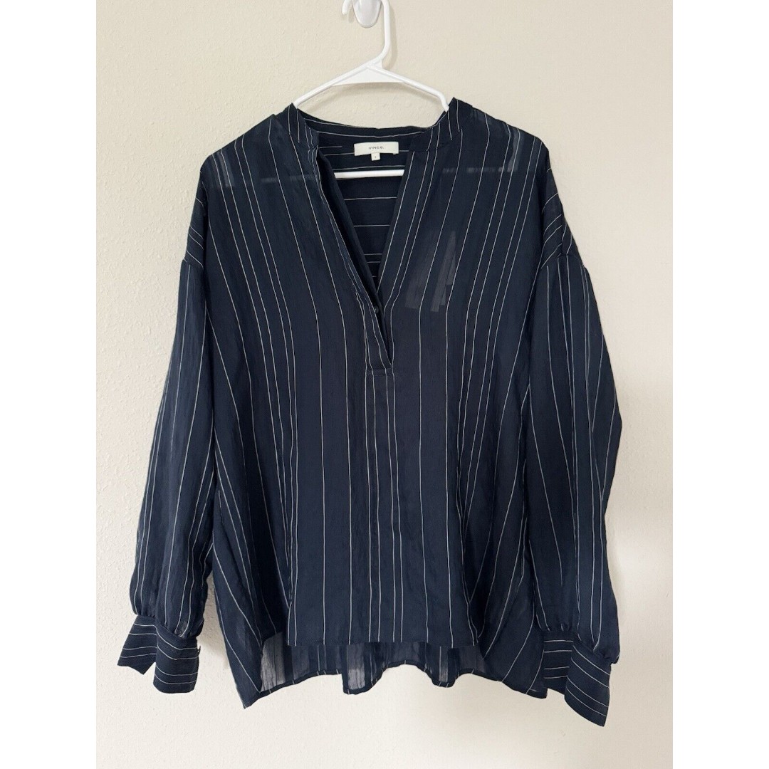 VINCE Coastal Blue Stripe Popover Blouse Fisherman Sheer Chic Tunic Size S NWT