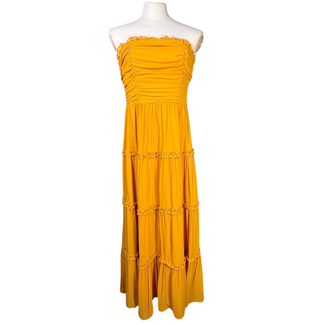 Lulus Extraordinary Aura Marigold Yellow Ruched Tiered Maxi Dress Sz L