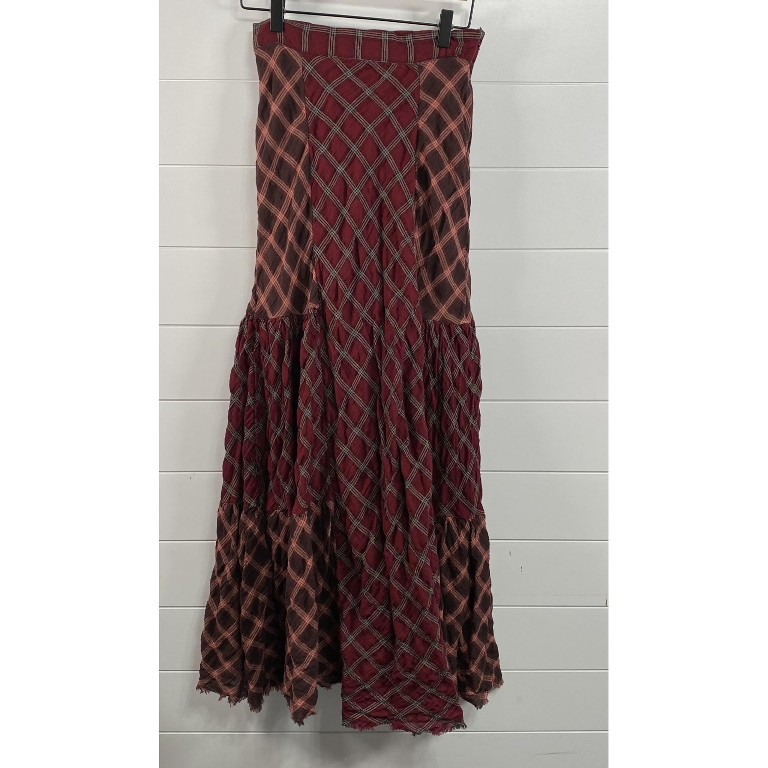 Free People Skirt Womens 2 Red Plaid Patchwork Maxi Boho Raw Hem Tiered Cotton