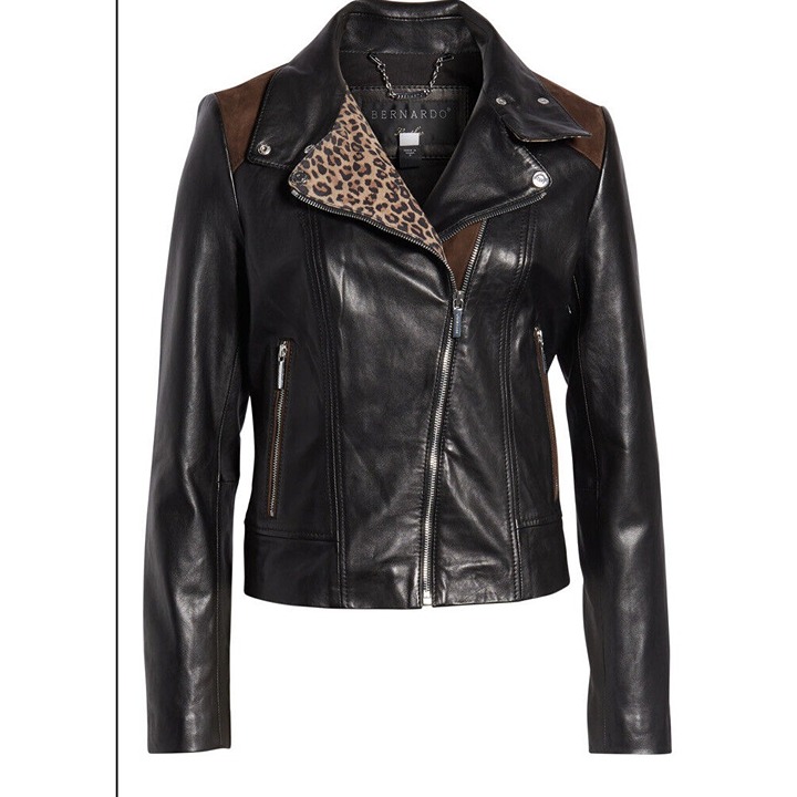 Bernardo Women's Leather Jacket Leopard Print Moto Black Small S MSRP 405