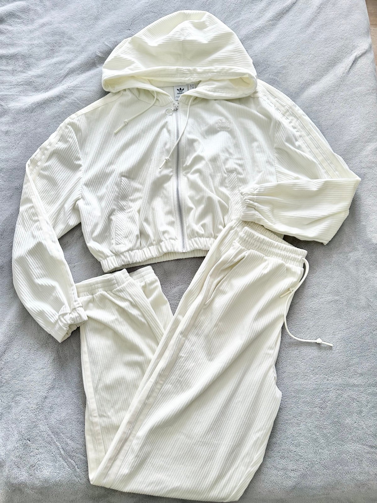 Adidas comfy cords velvet corduroy cropped full zip hoodie + sweatpants set