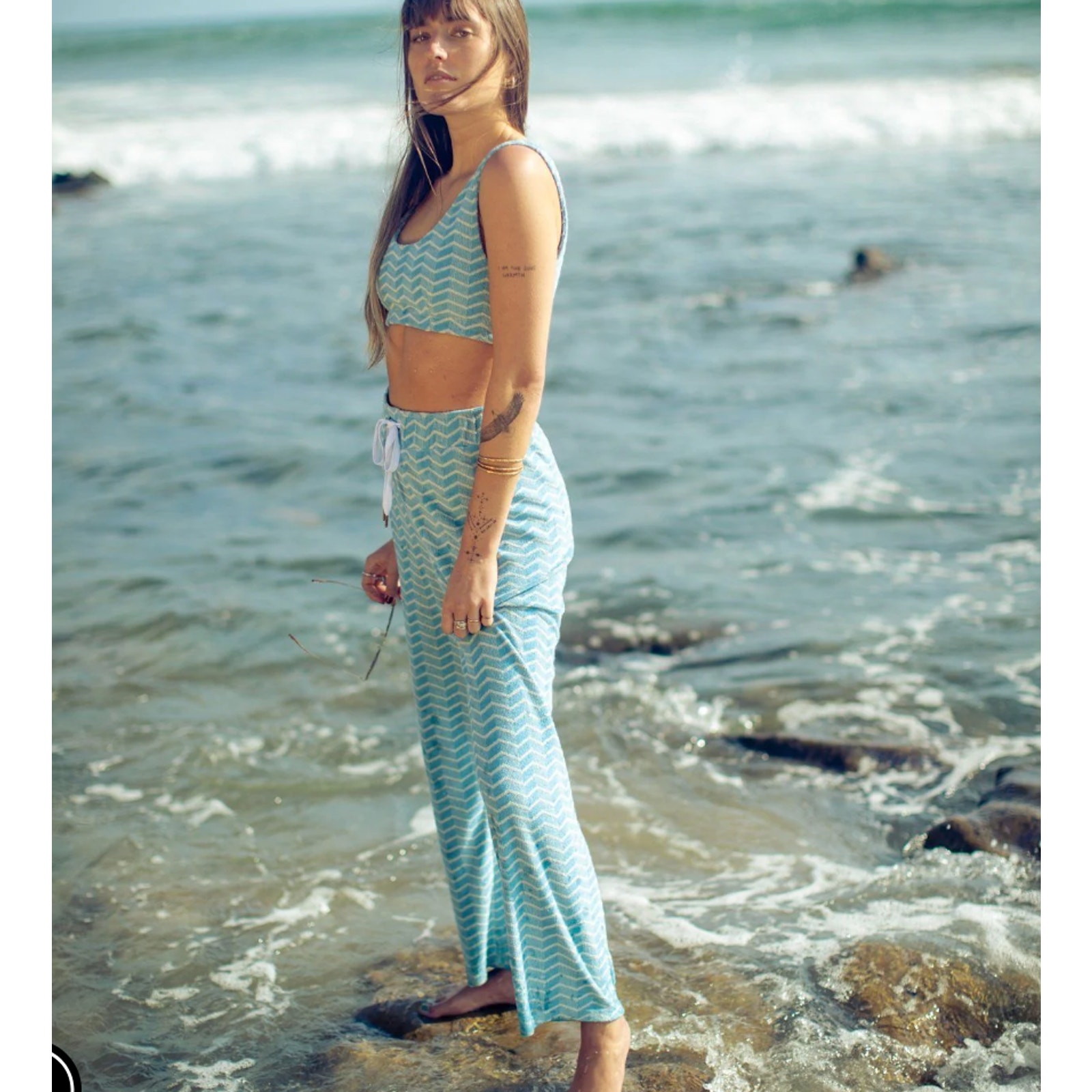 Dandy Del Mar Santorini Blue Terrycloth Matching Set Wide Leg Bralette Size S/M