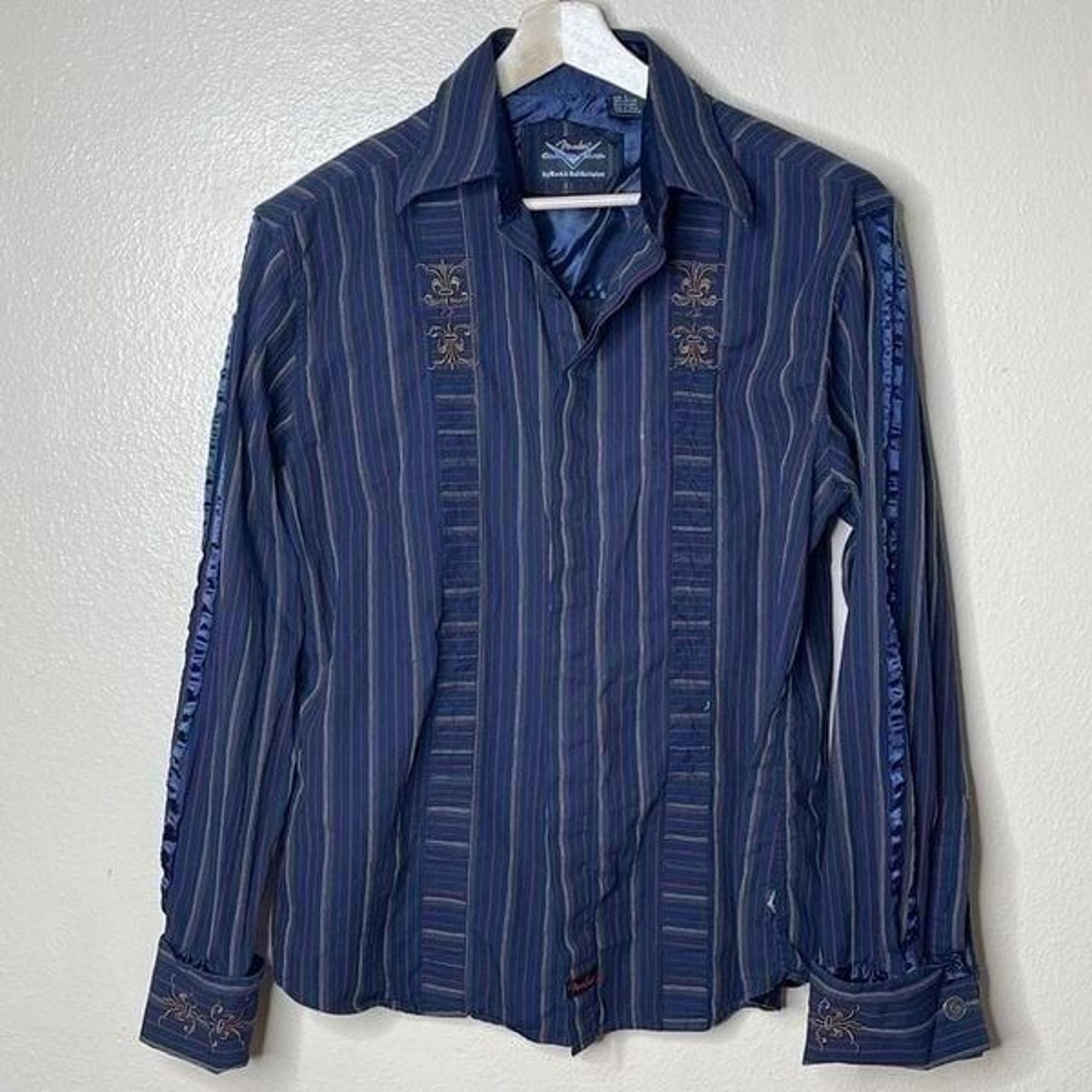 Fender Shirt Mens Large Striped Button Down Rock and Roll Religion Embroidered