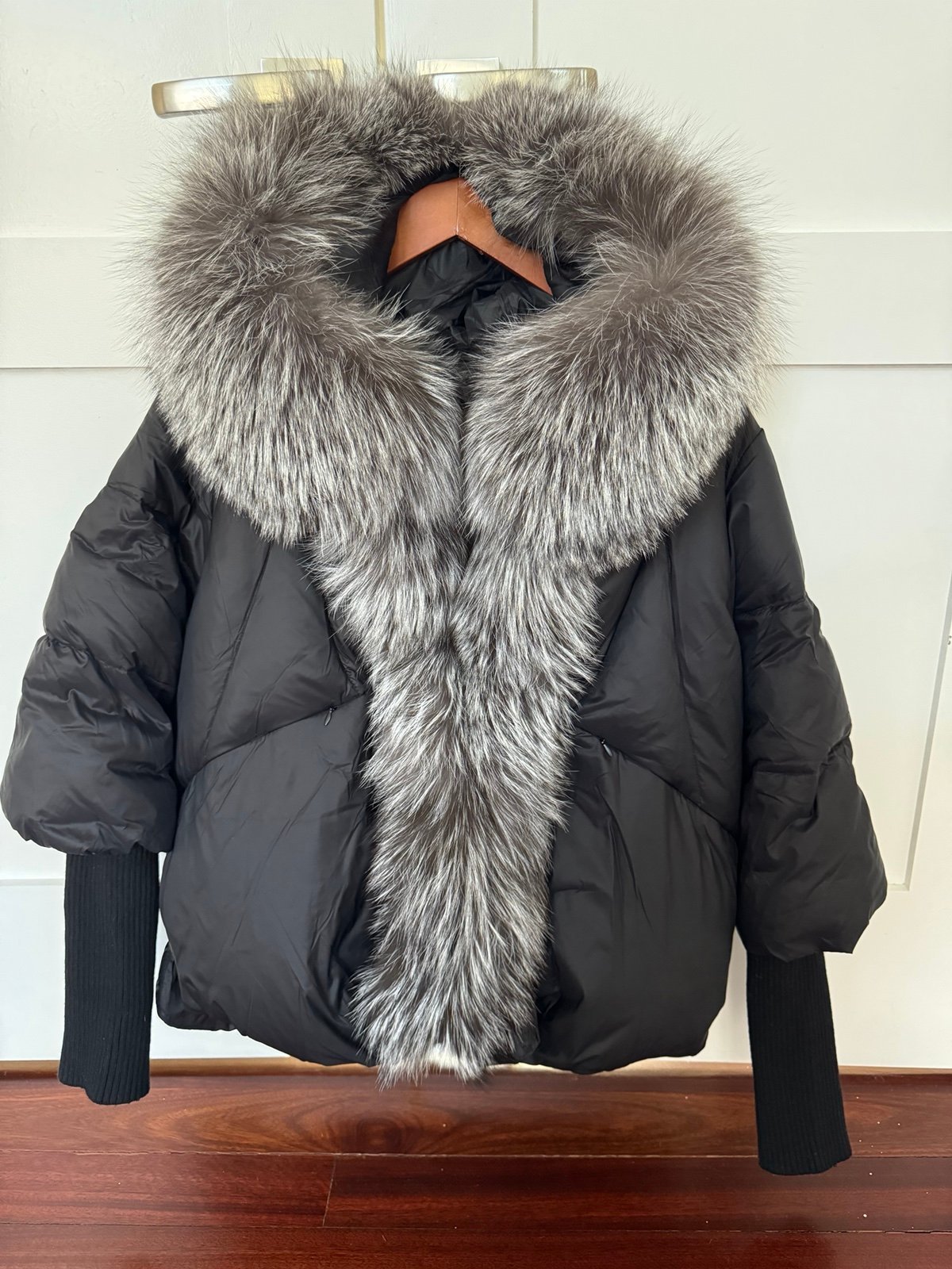Women Coat White Duck Down Jacket S-L Real Silver Fox Fur