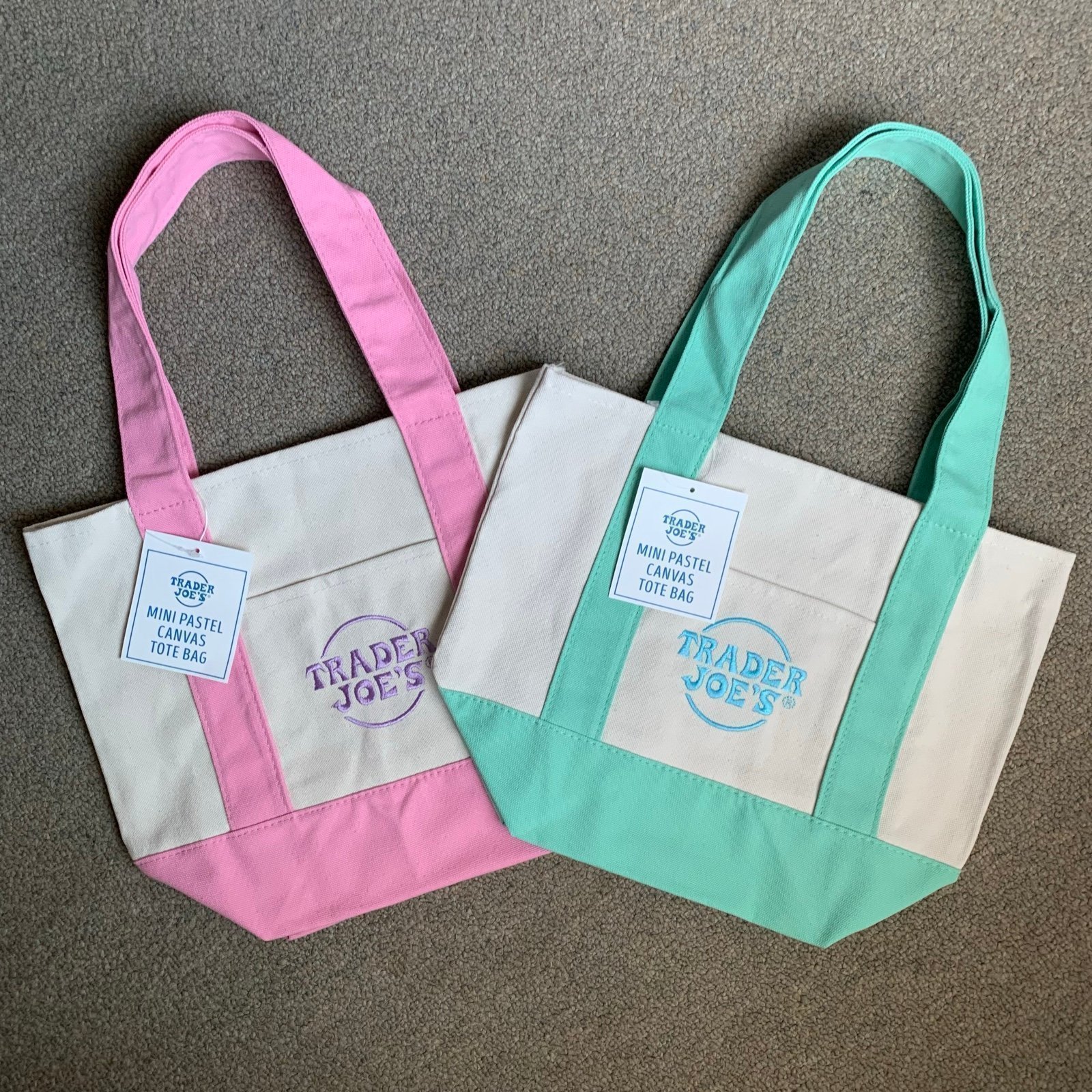 NWT Trader Joe’s Mini Pastel Tote Bags, 2 Colors: Mint Green, Delicate Pink