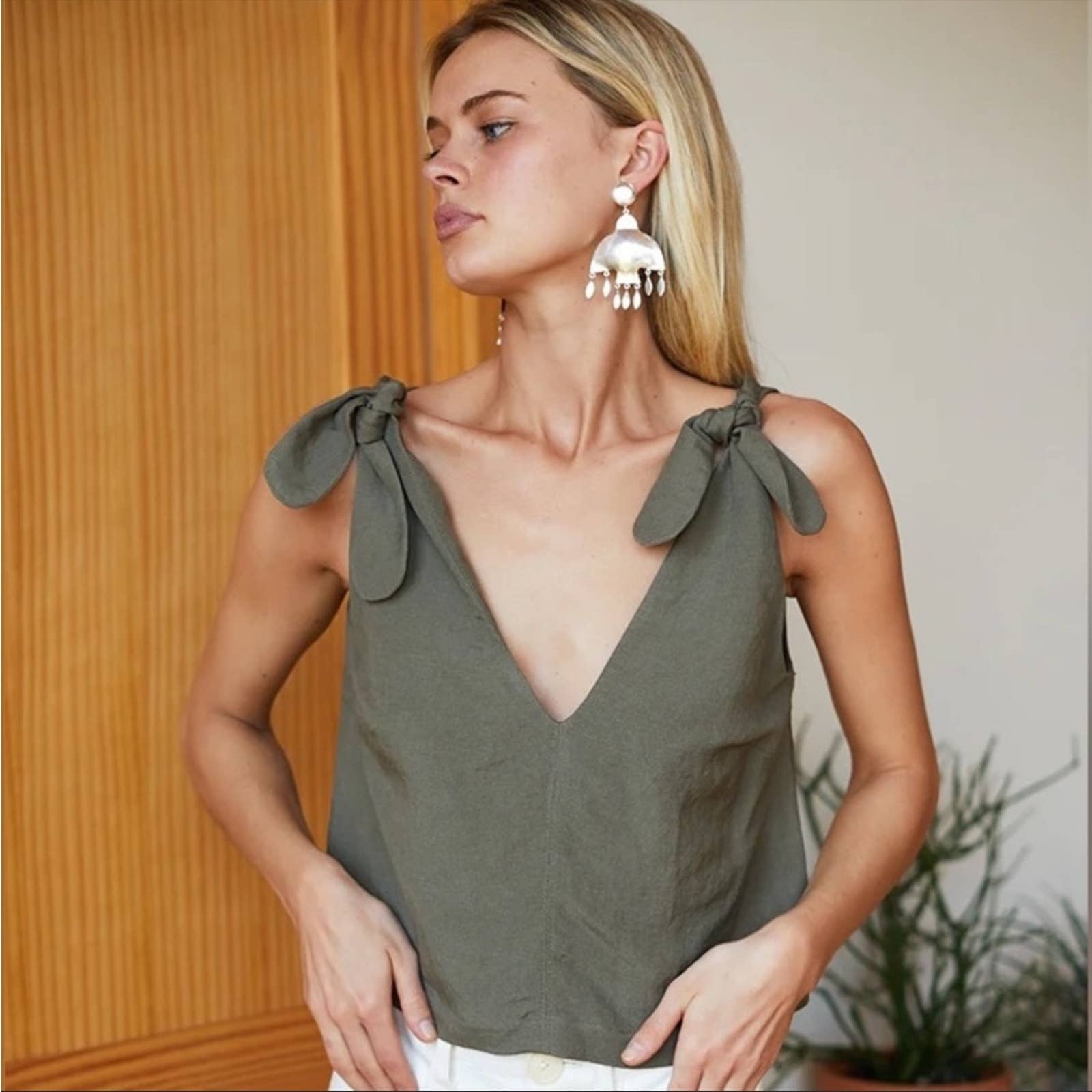 EMERSON FRY Tie Shoulder Mod Top - Army Linen