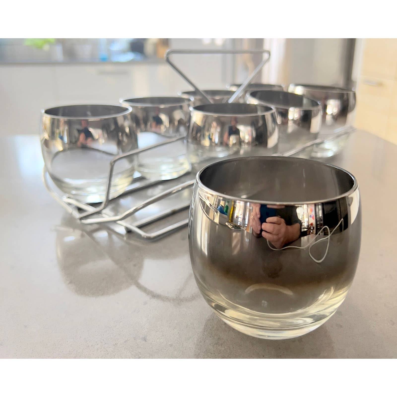 Silver Ombre Vitreon 8 Roly Poly Glasses Barware Set with Chrome Caddy