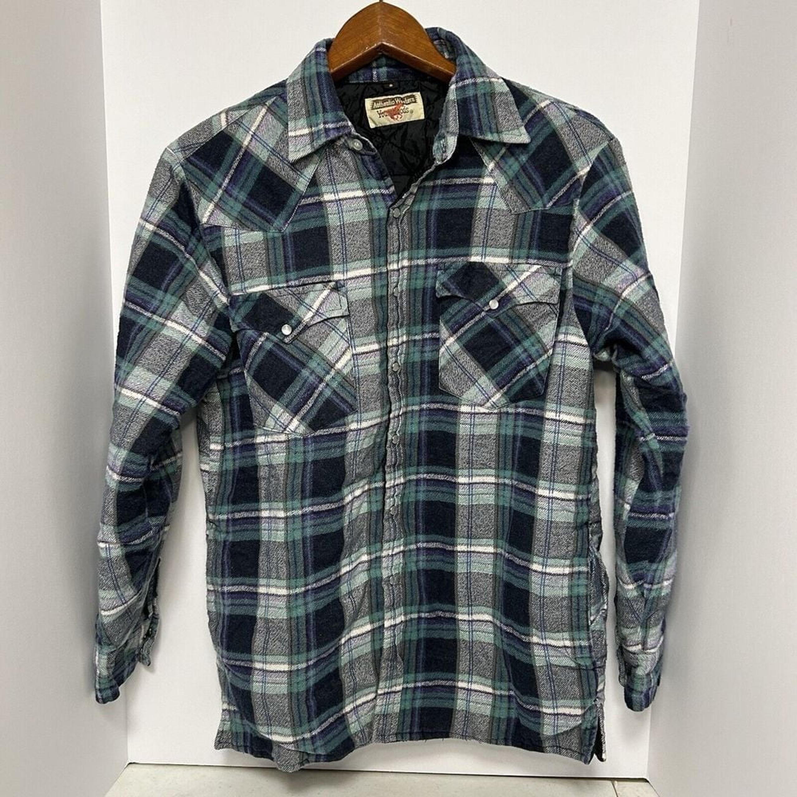 Youngbloods Size S Authentic Western Pearl Snap Plaid Long Sleeve Green & Purple