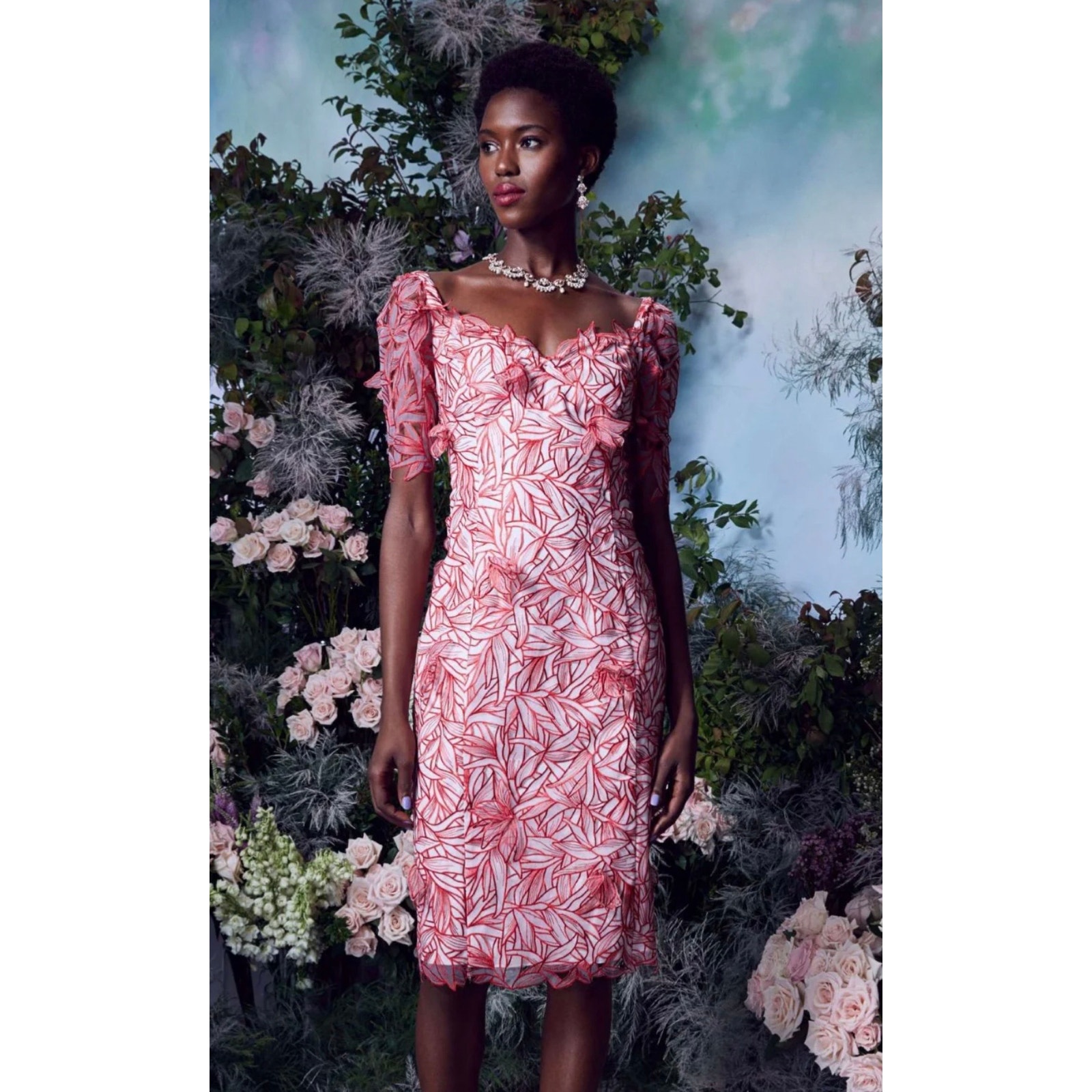 Marchesa Notte embroidered short-sleeve dress rose pink (new) 671.00 retail